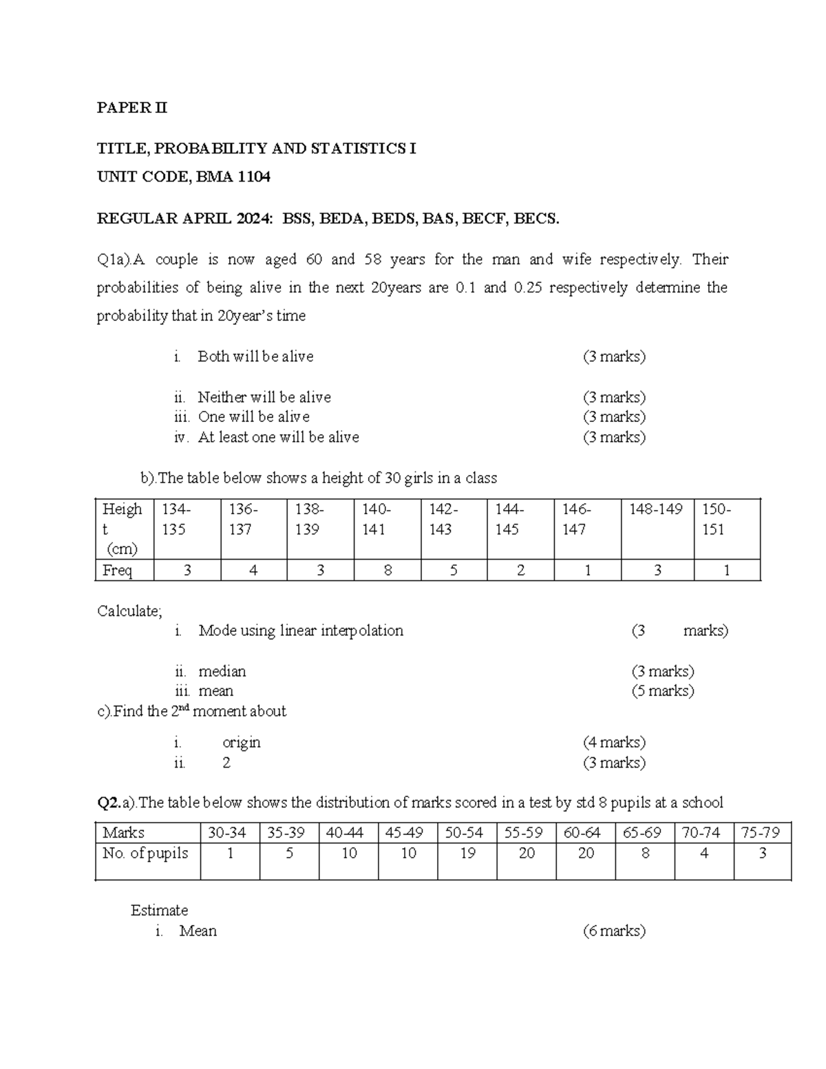 BMA 1104 PAPER II: Probability & Statistics I - April 2024 Exam - Studocu