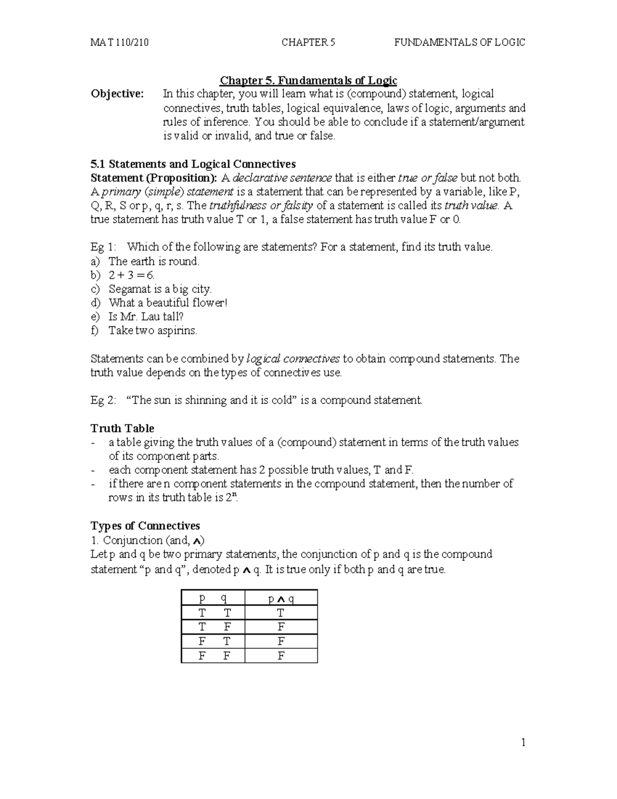 C5 MAT210 - Chapter 5: Fundamentals of Logic and Truth Values - Studocu