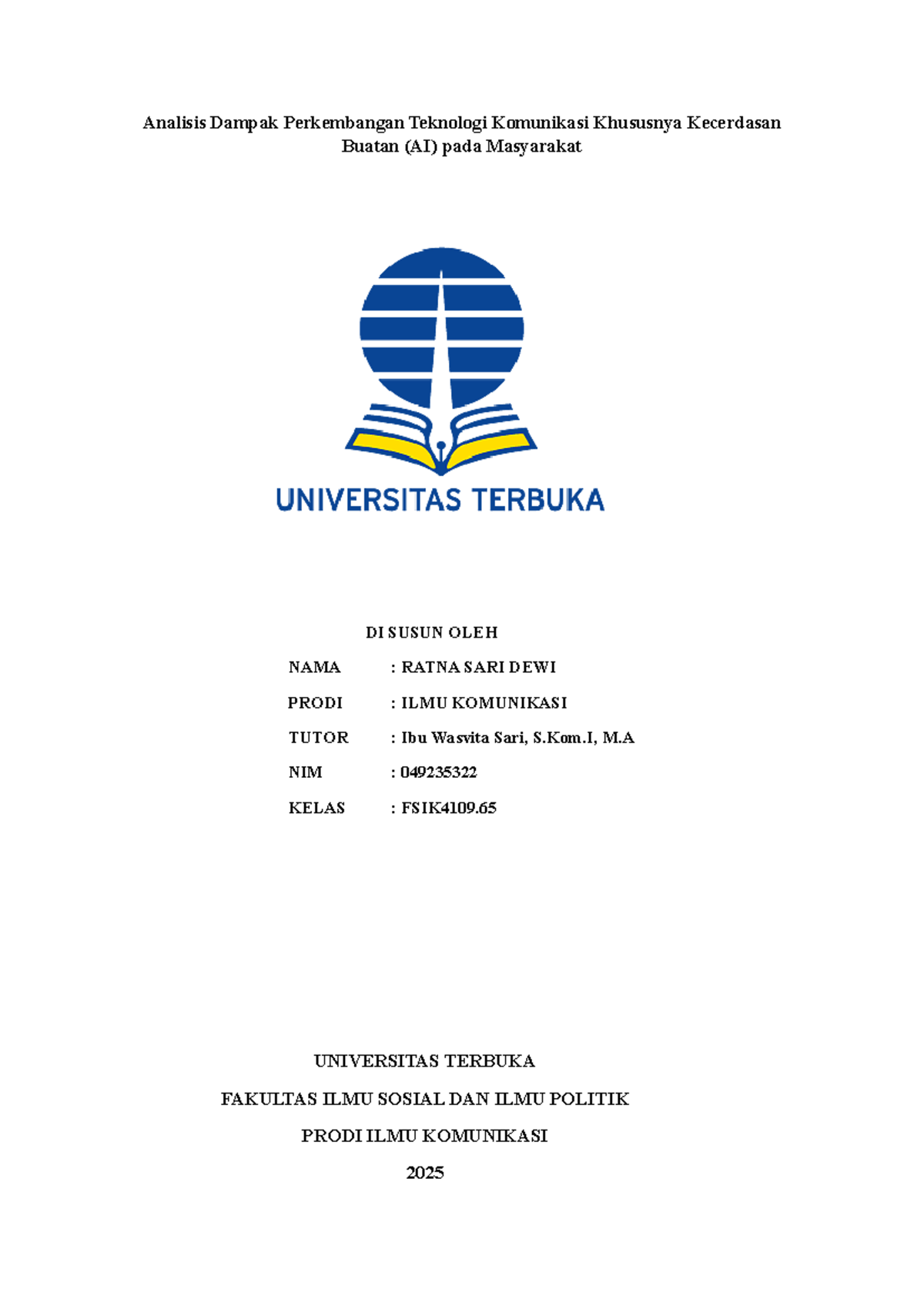 Analisis Dampak AI dalam Komunikasi: Makalah Sosiologi Komunikasi T2 - Document Preview
