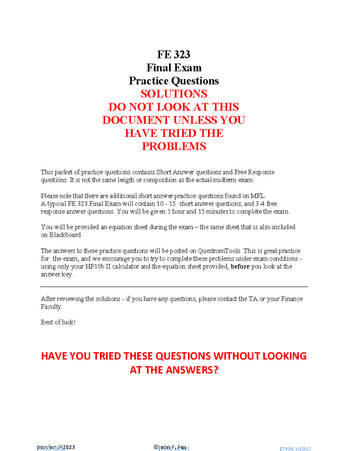 FE 323 Final Exam Practice Questions & Solutions SP24 - Studocu