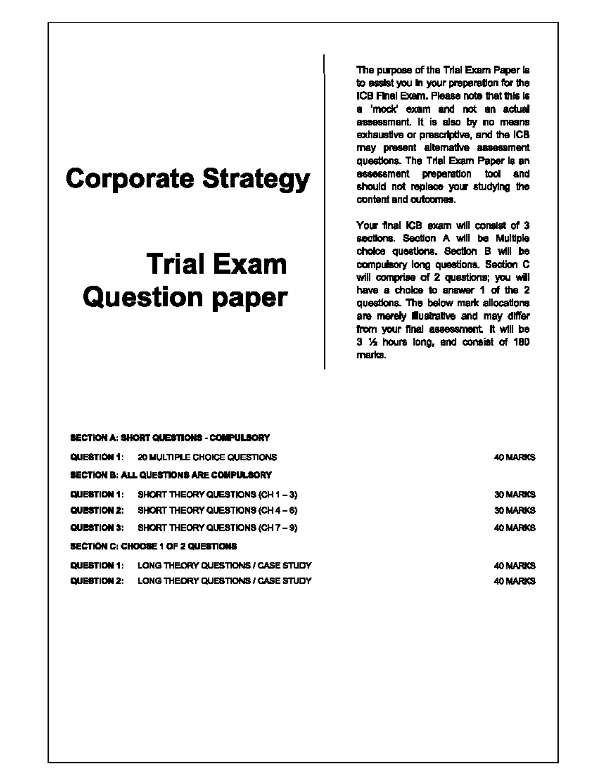 Trial Exam Questions Paper for Corporate Strategy ICB Prep - Studocu