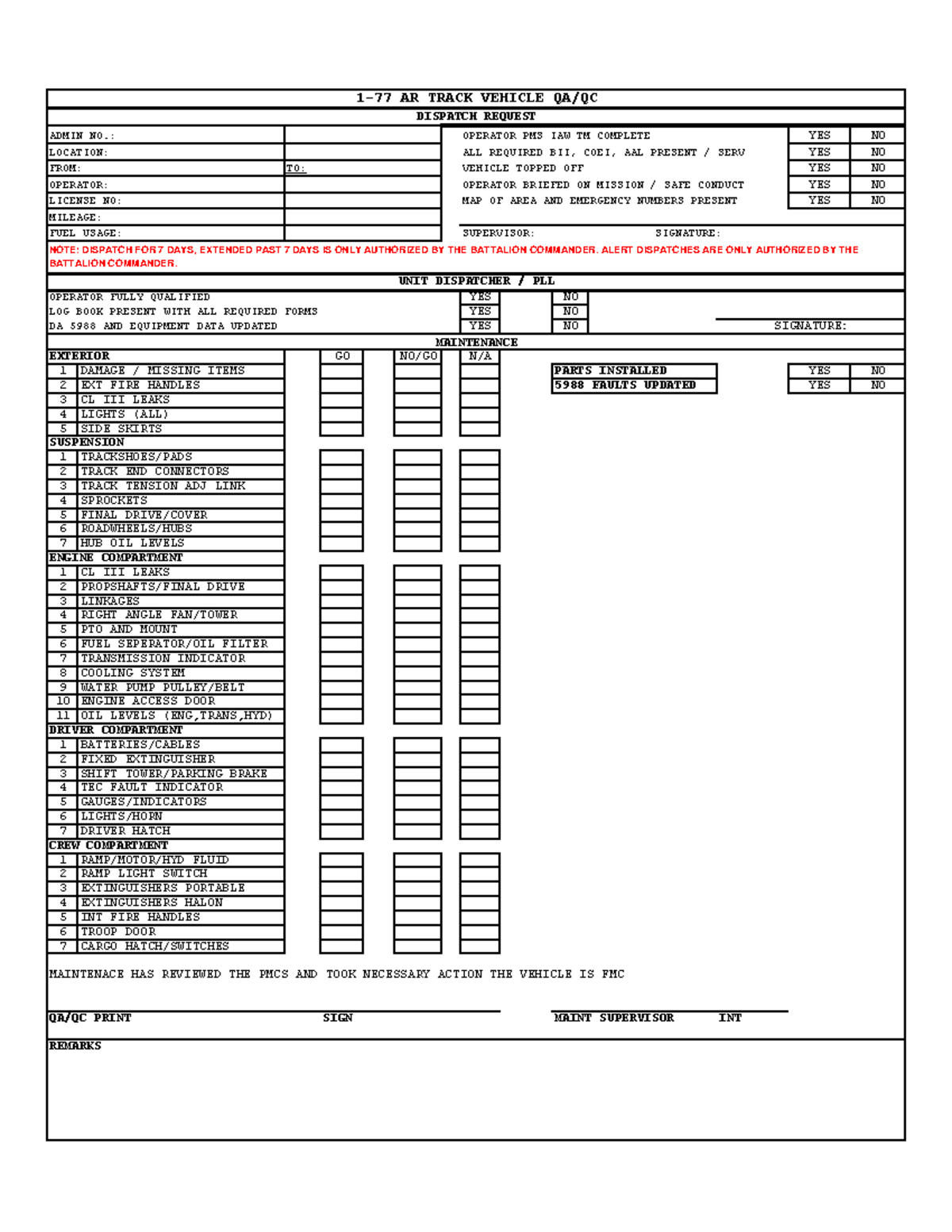 1-77 AR Vehicle QA/QC Checklist for Operations and Maintenance - Studocu