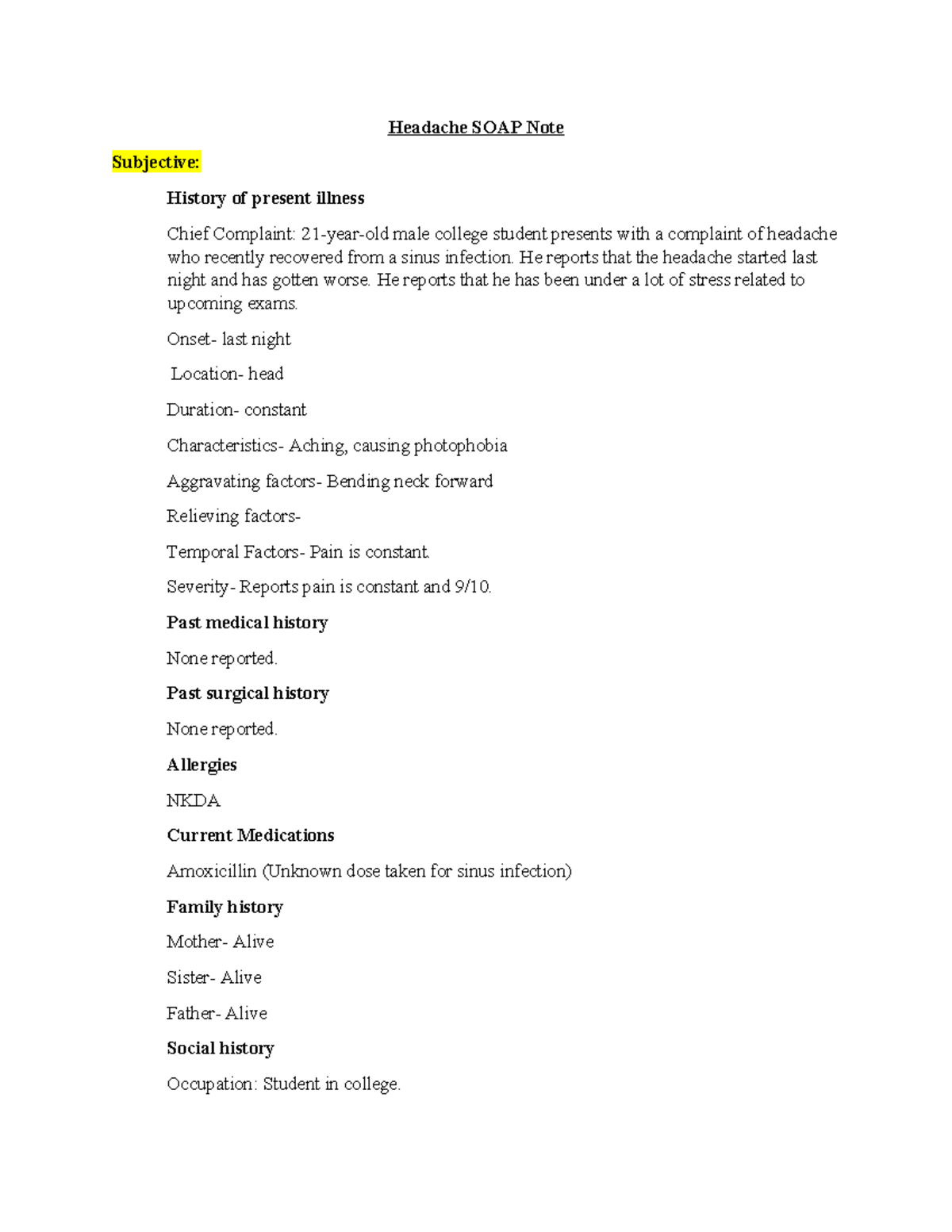 Headache SOAP Note - Clinical Documentation for College Student - Studocu