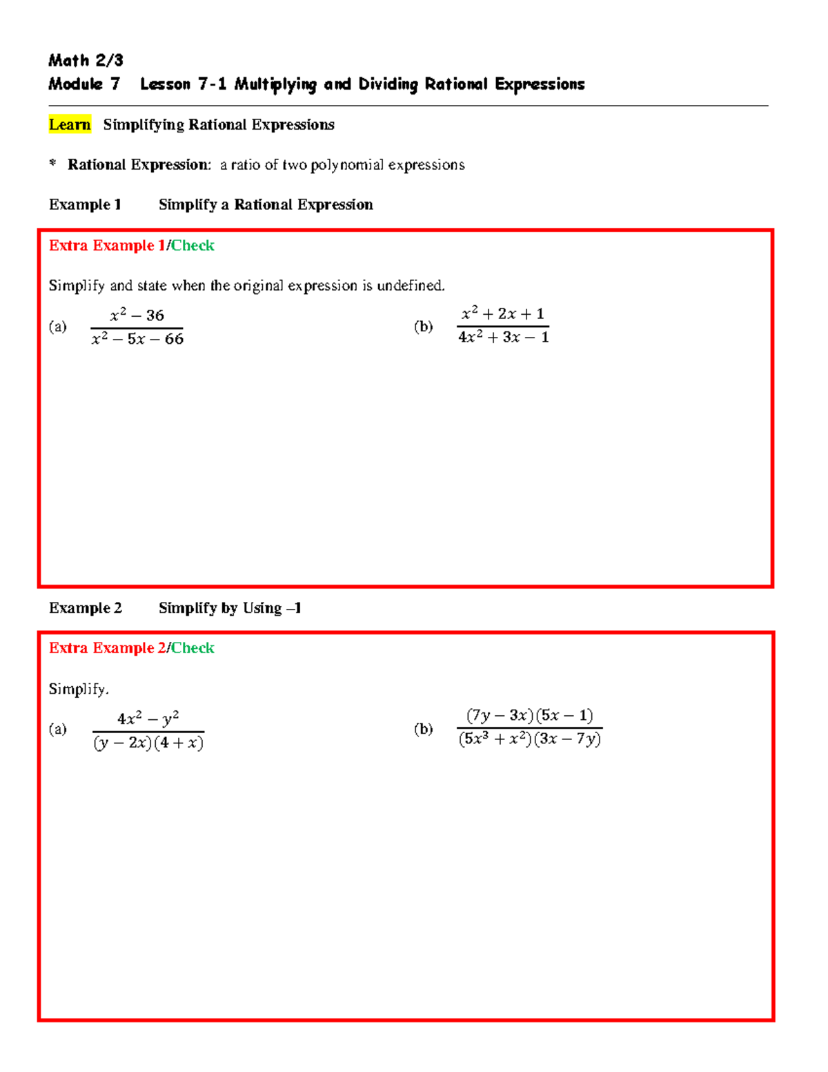 Math 2/3 Final Exam: Multiplying and Dividing Rational Expressions ...