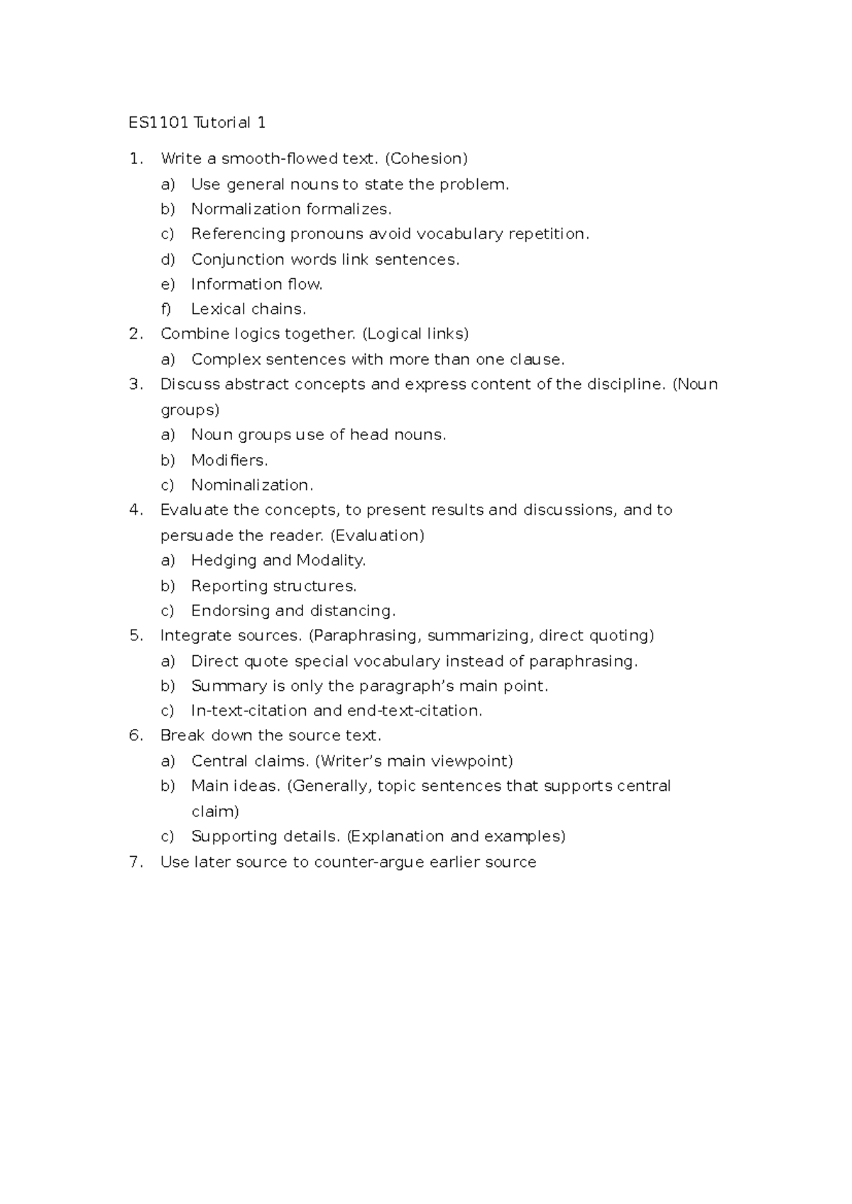 ES1103 Tutorial 1 (Week 2): Cohesion and Logical Links in Writing - Studocu