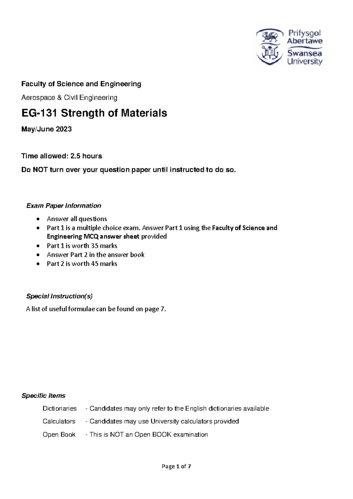 EG-131 Strength of Materials Final Exam Paper May/June 2023 - Studocu