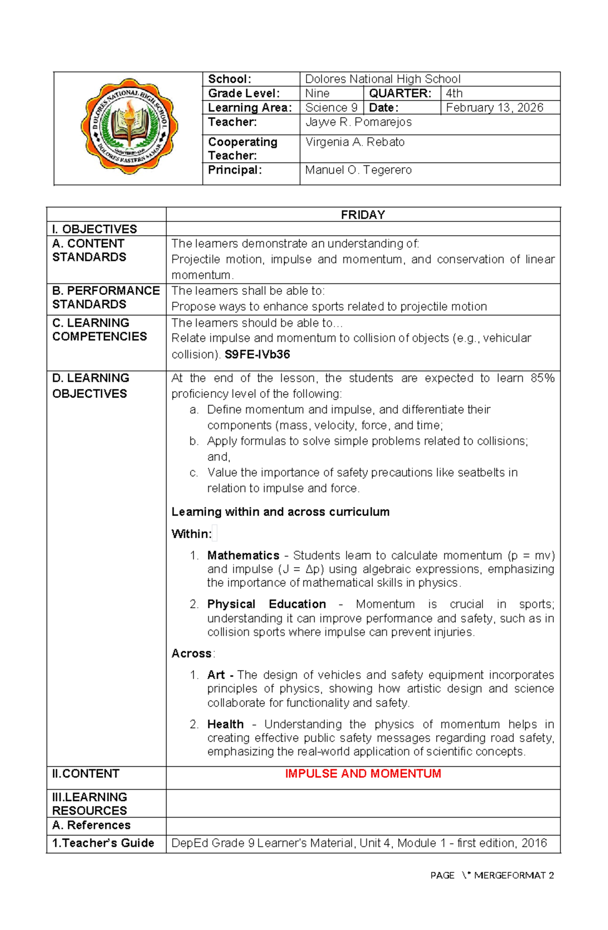 G9-4th Q-LP: Understanding Impulse and Momentum in Science 9 - Document Preview