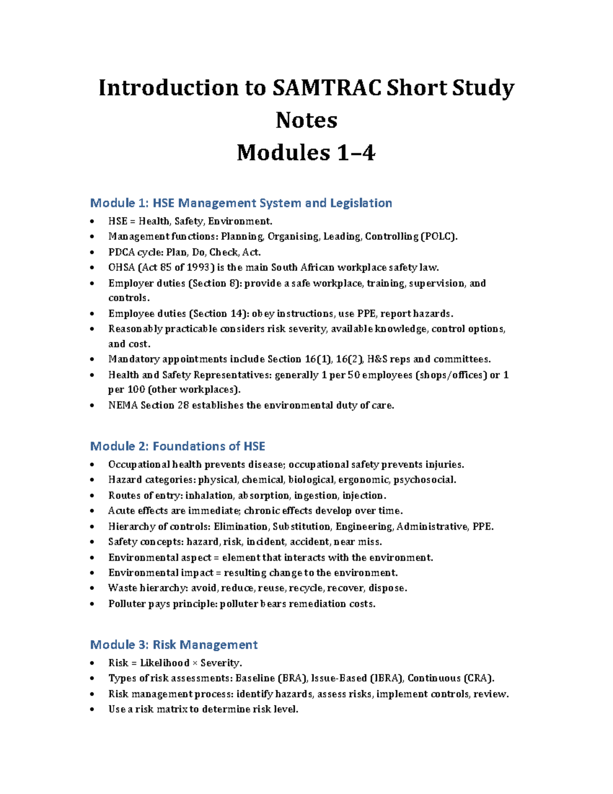 Introduction to SAMTRAC Short Study Notes: HSE Management & Risk - Studocu