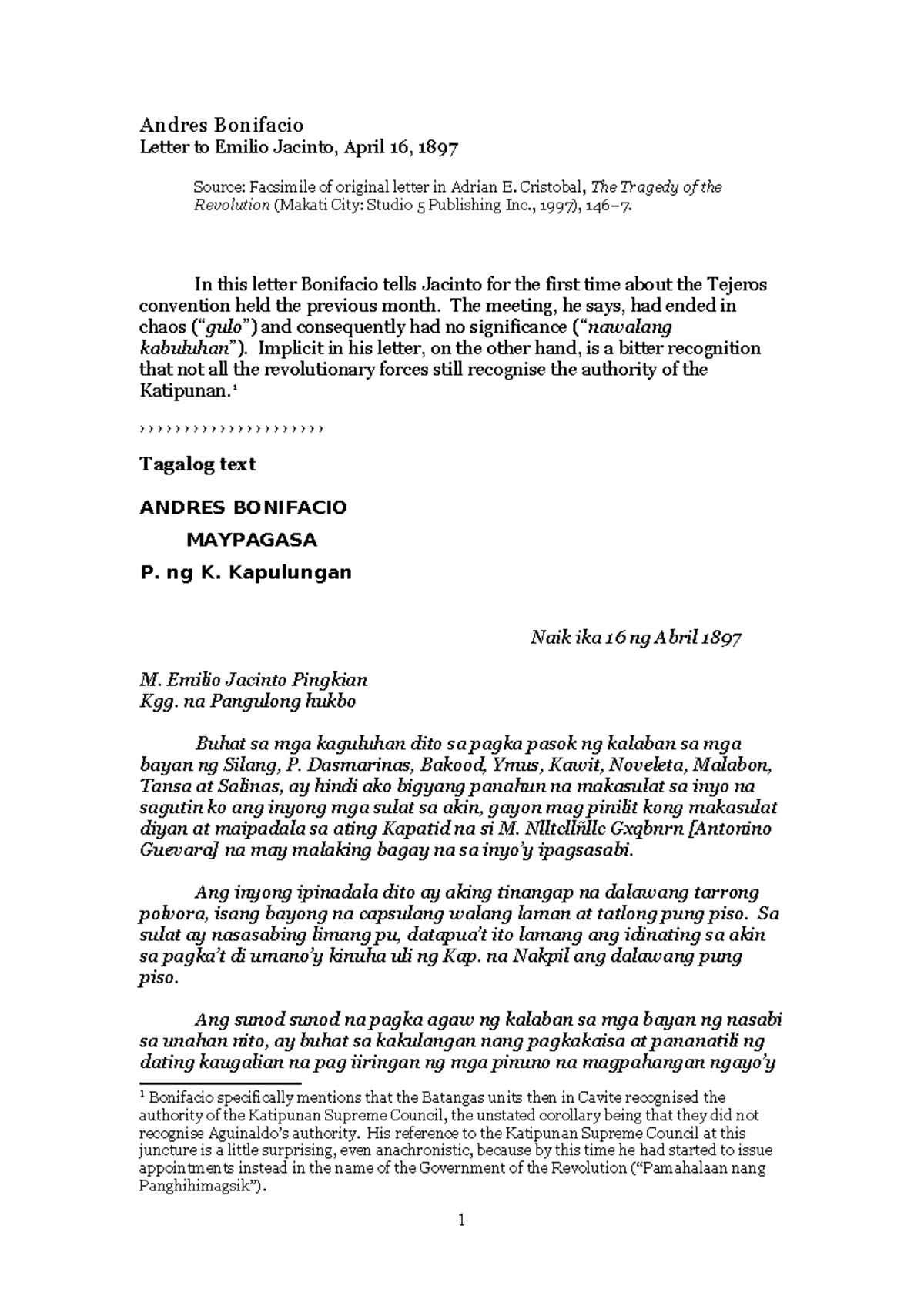 Letters from Bonifacio to Jacinto on the Tejeros Convention (1897 ...