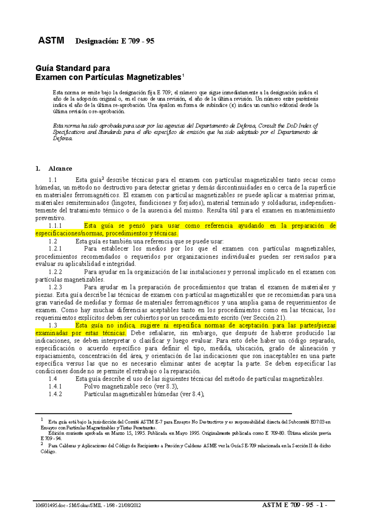 ASTM E 709 - 95 - Guía sobre Examen con Partículas Magnetizables - Document Preview