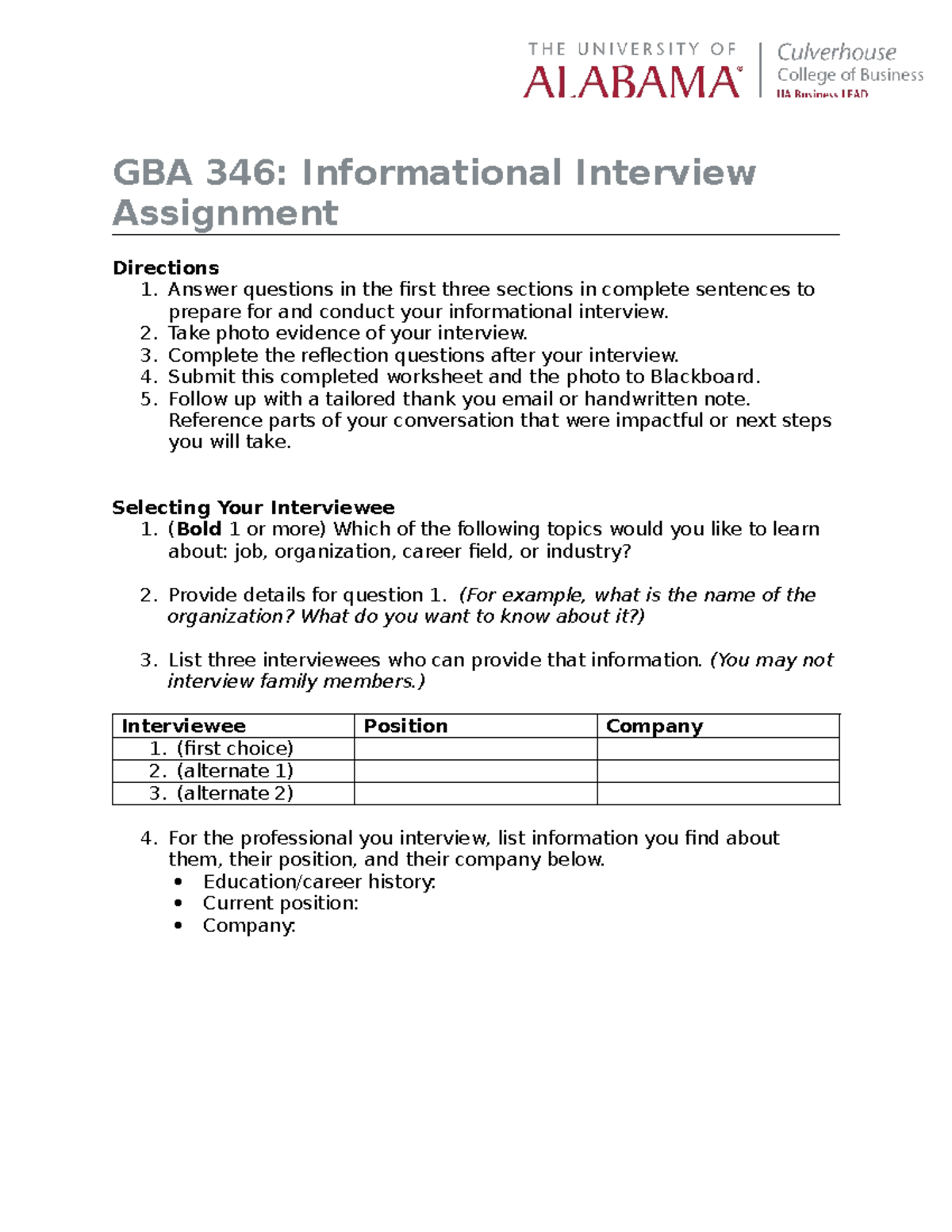 GBA 346: Informational Interview Assignment Guidelines and Reflection ...