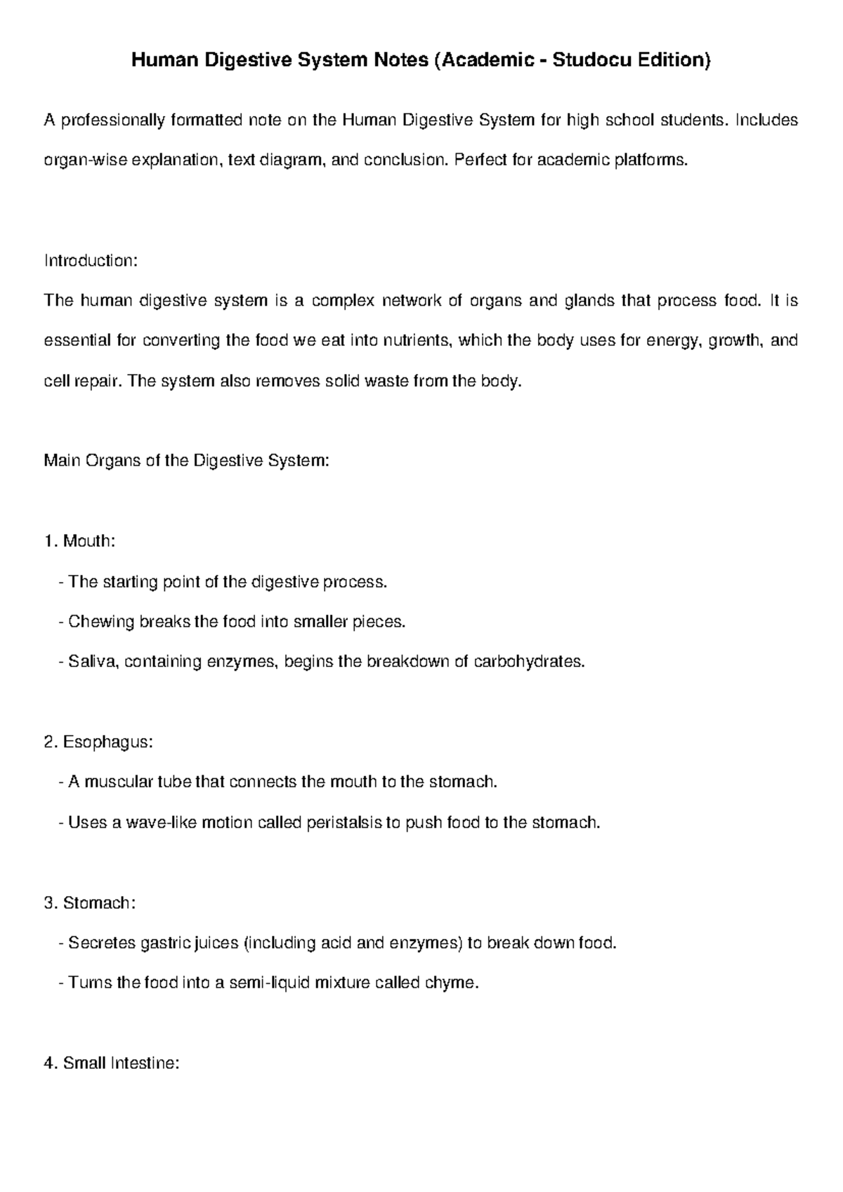 Human Digestive System Notes for High School Students (Academic) - Studocu