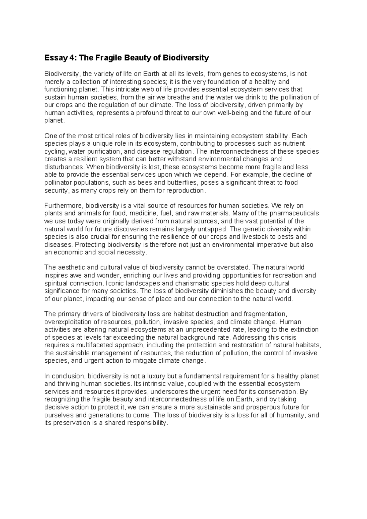 Essay 4: The Vital Role of Biodiversity in Our Ecosystems - Studocu