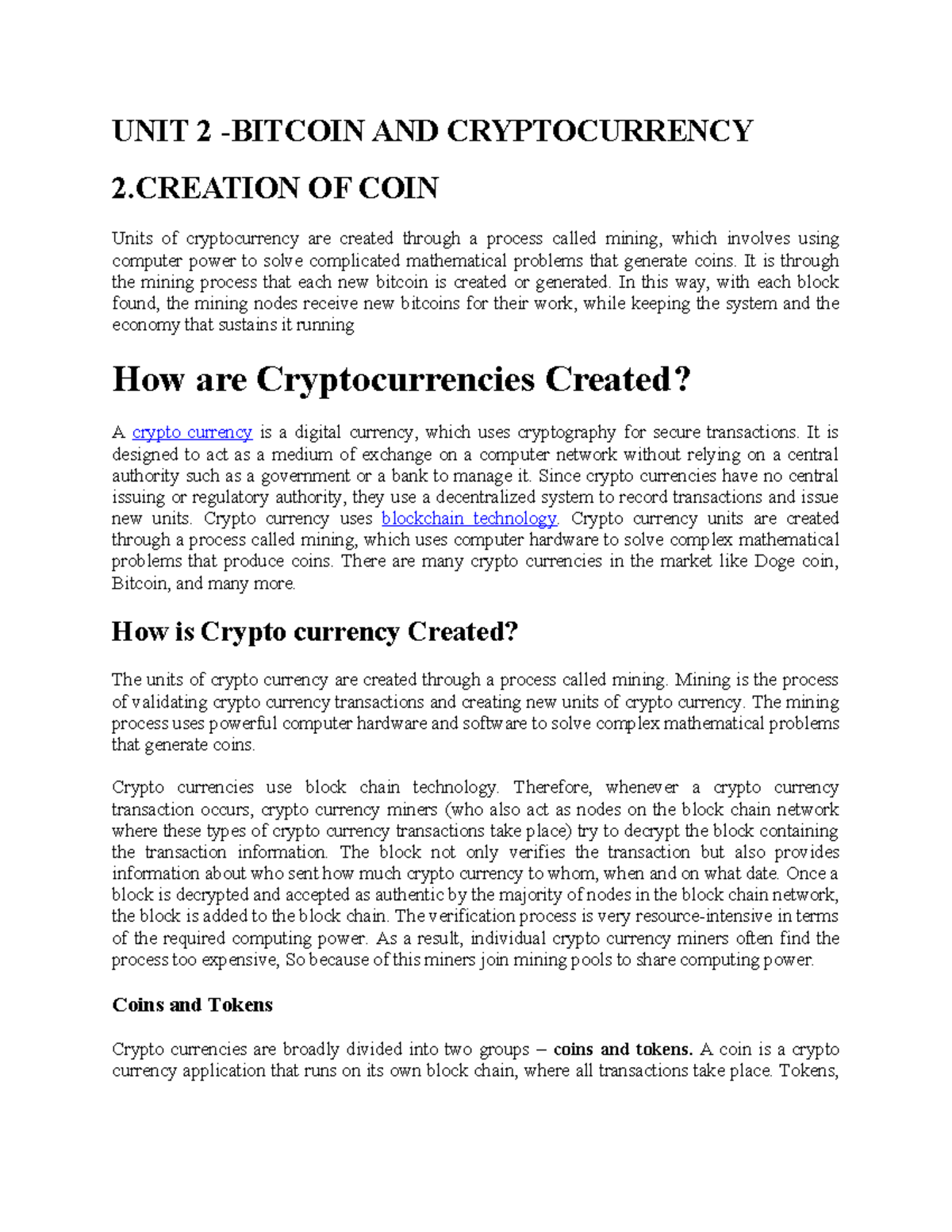 UNIT 2 BCT - Nnna - UNIT 2 -BITCOIN AND CRYPTOCURRENCY 2 OF COIN Units ...