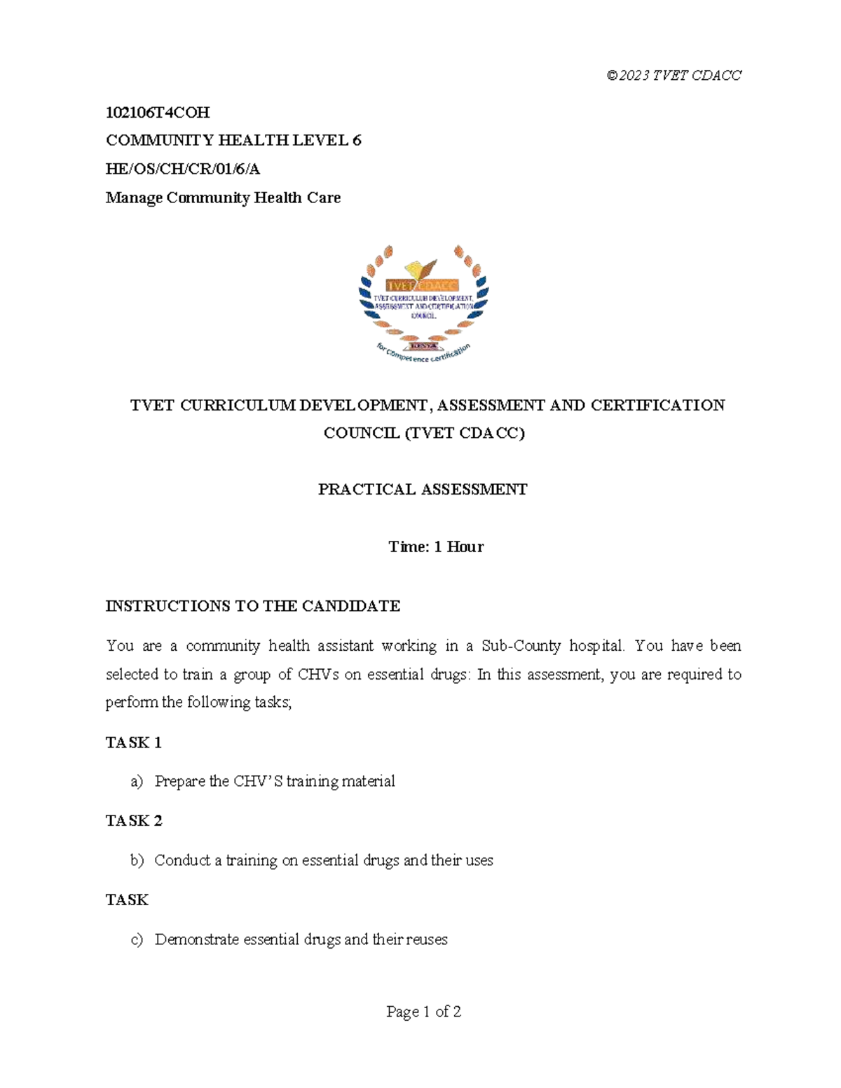 TVET CDACC 102106T4COH Community Health Level 6 Practical Assessment ...
