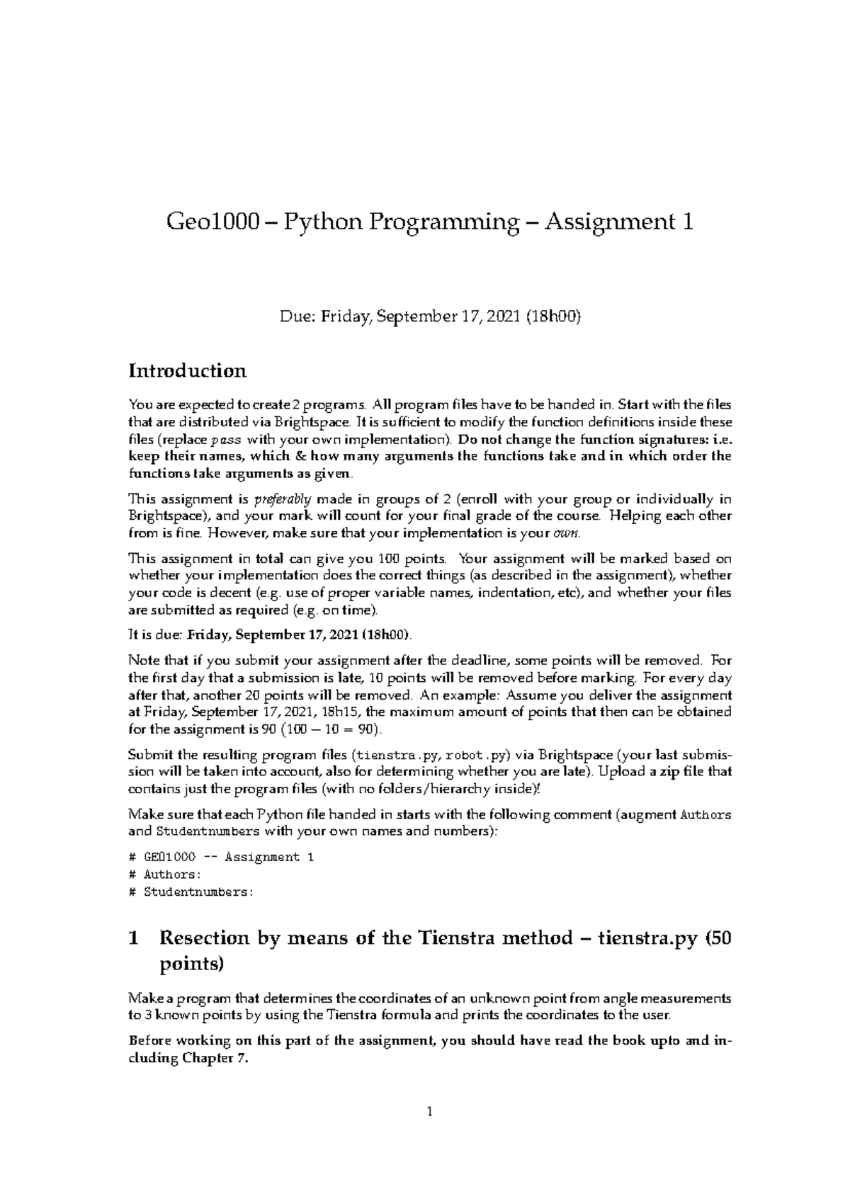 GEO1000 - Assignment 1: Python Programs for Resection & Robot - Studeersnel