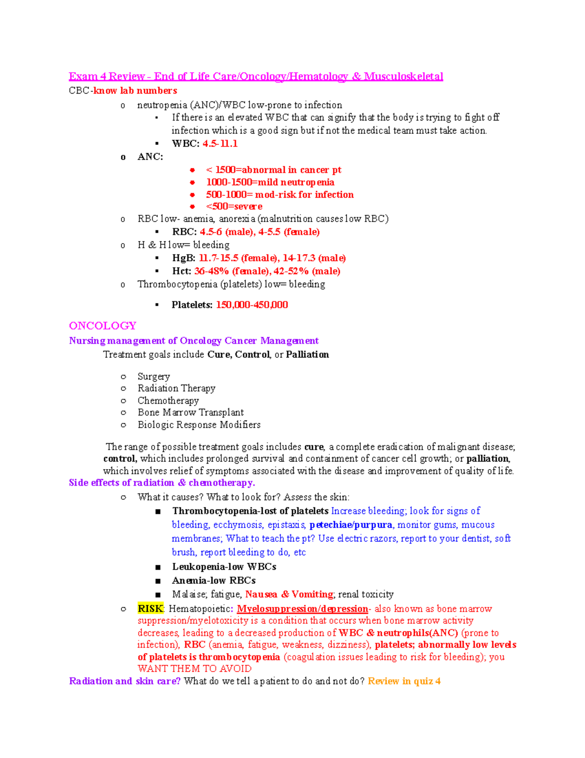 Exam 4 Review - End of Life Care in Oncology, Hematology ...