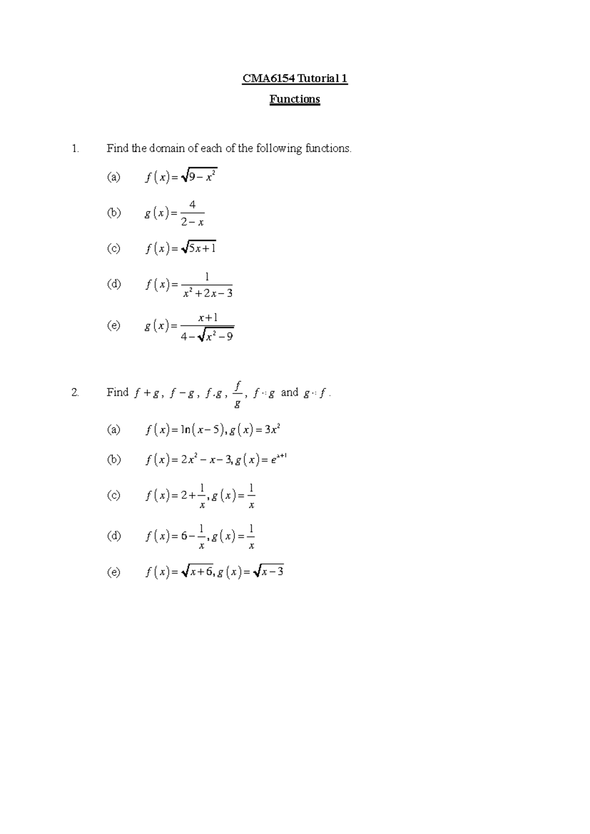 CMA6154 Tutorial 1 - Functions and Domain Analysis - Studocu