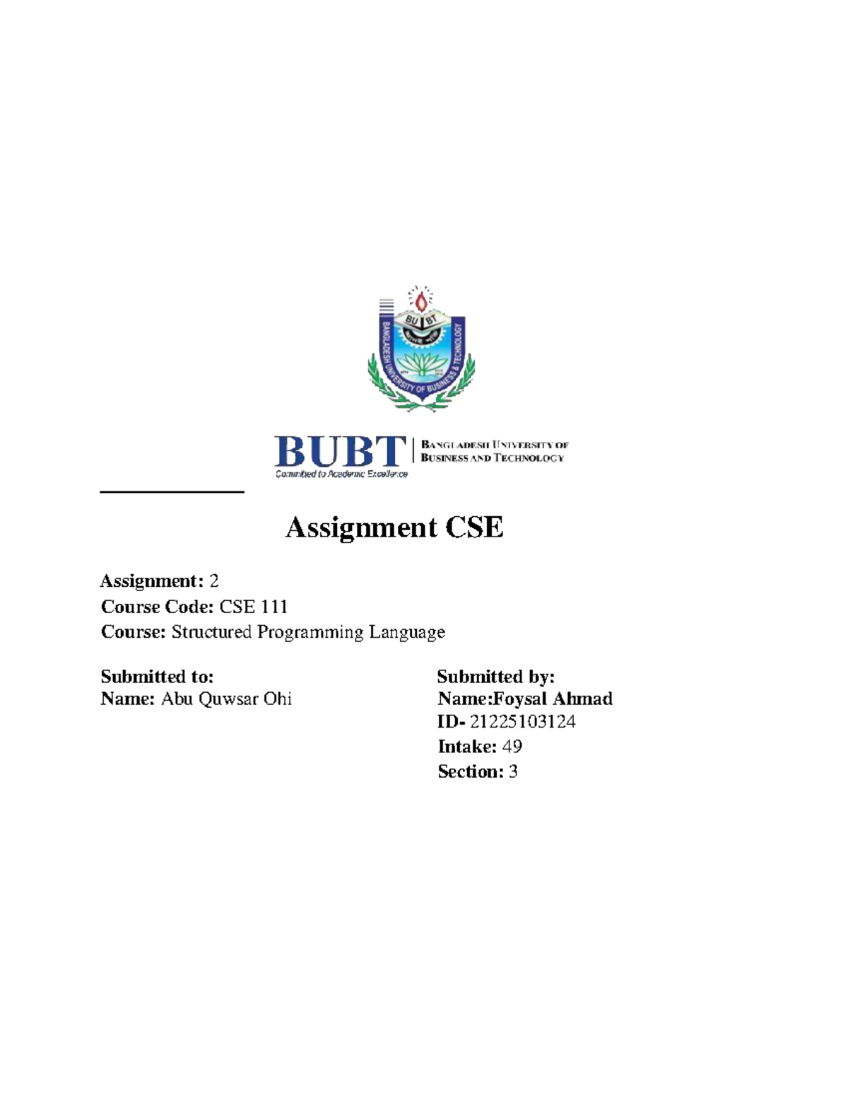 CSE Assignment 2: Structured Programming Language Solutions - Studocu