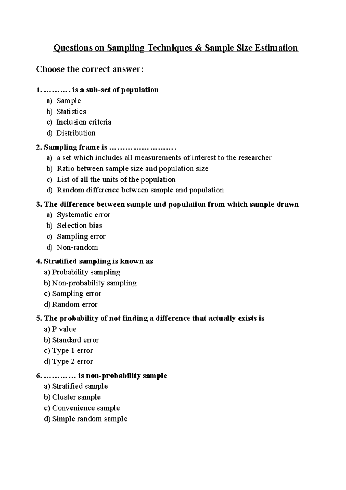 Sampling Techniques & Sample Size Estimation Quiz (Course Code: ST101 ...