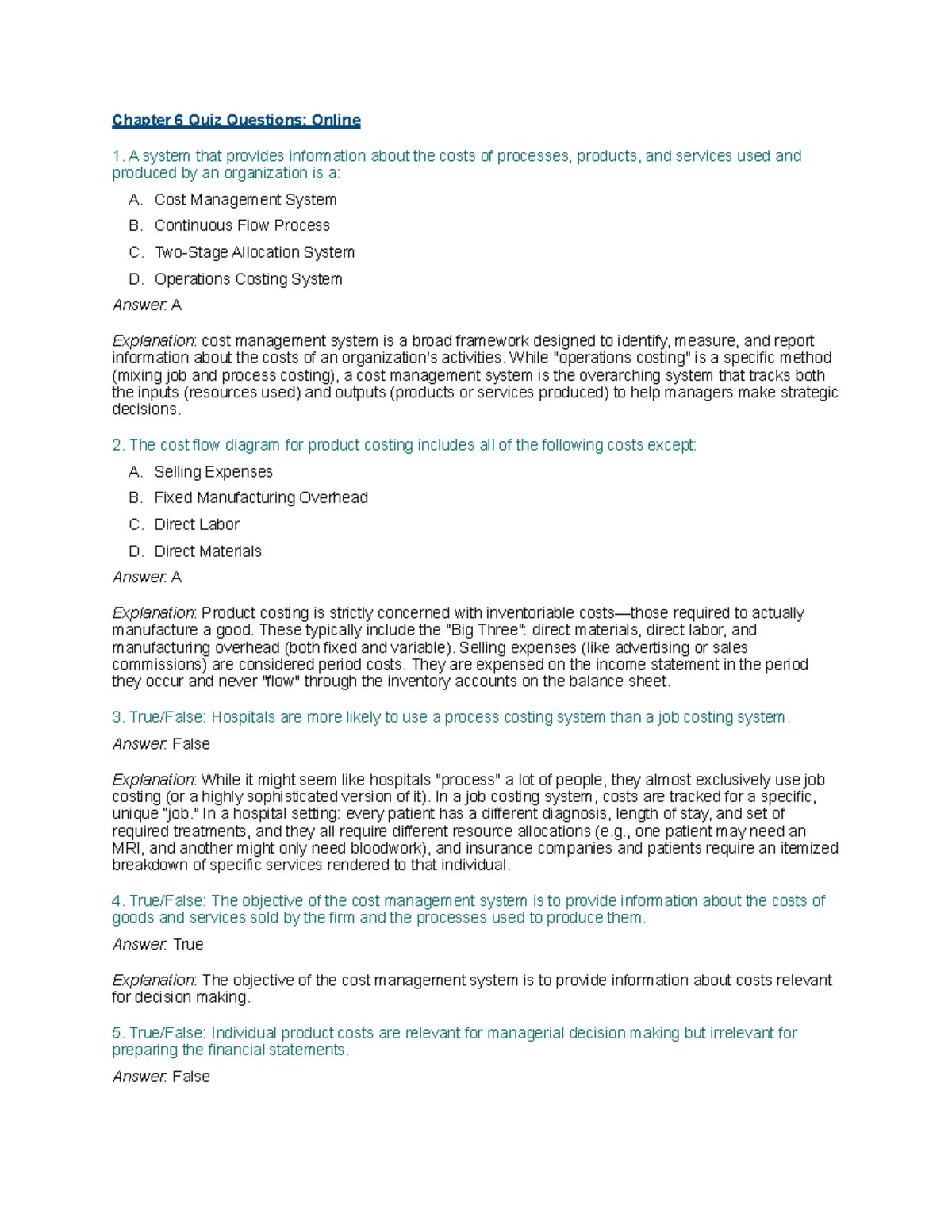 Chapter 6 Quiz Questions: Cost Management Systems - Studocu