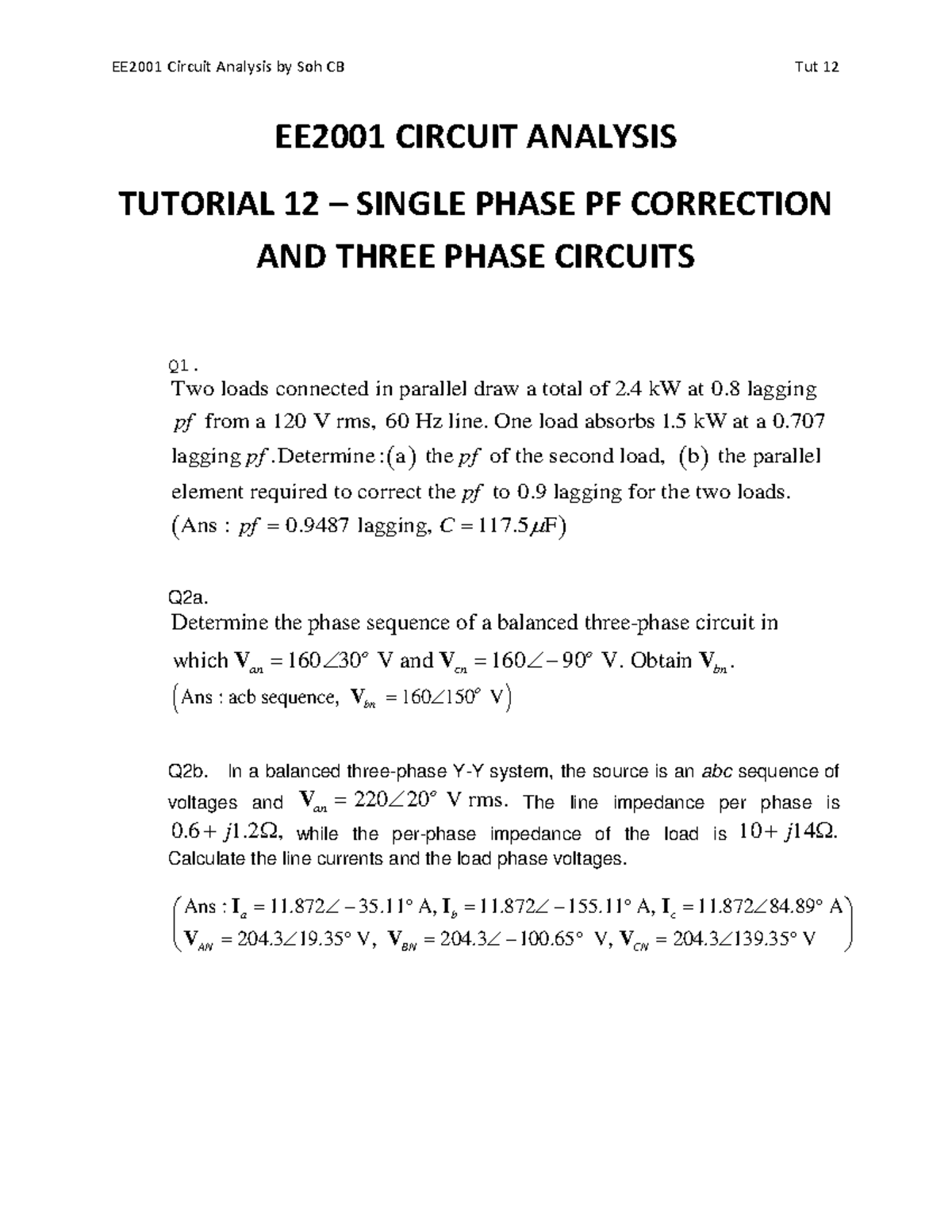 EE2001 Tutorial 12 I am happy - EE2002 - NTU - Studocu