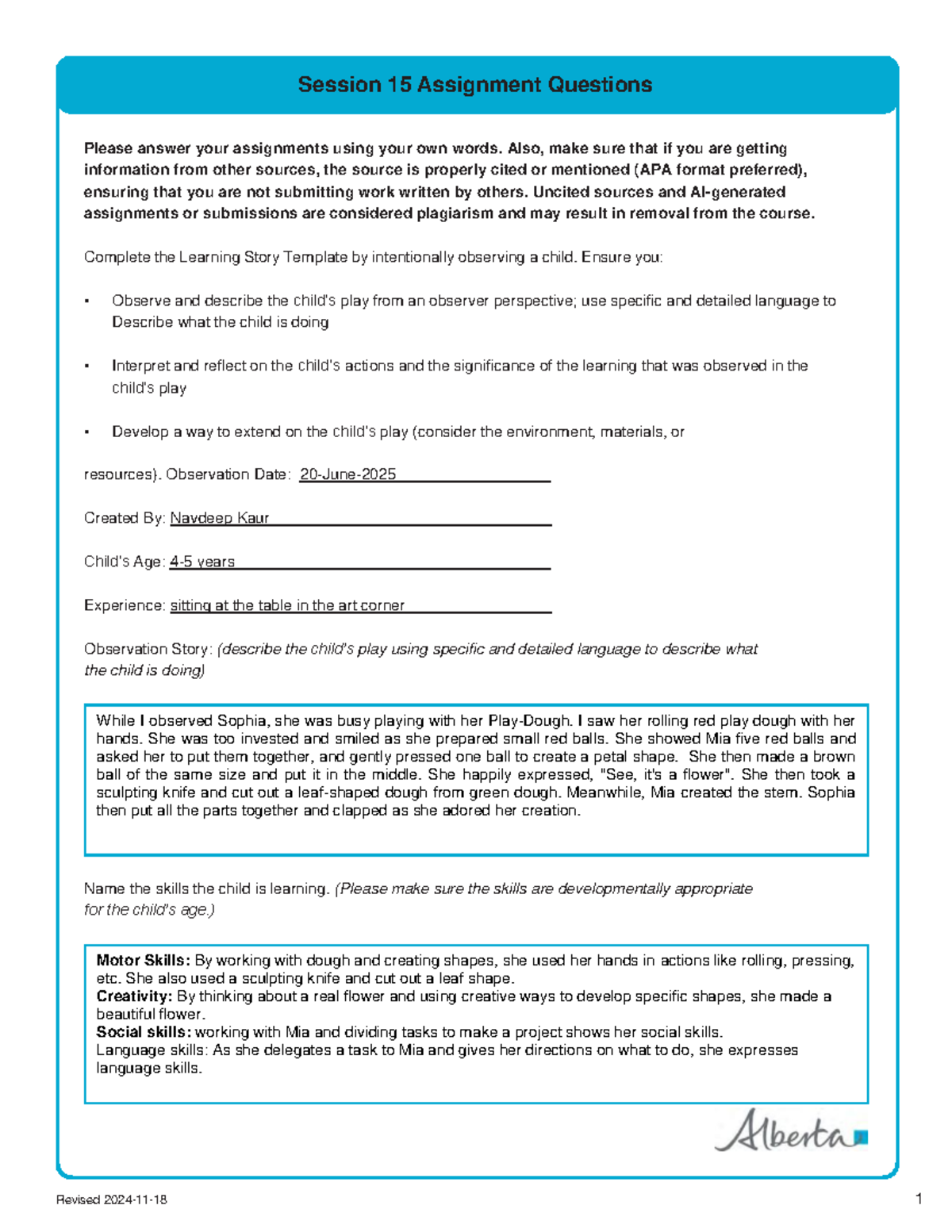 Session 15: Child Observation Assignment & Learning Story - Studocu