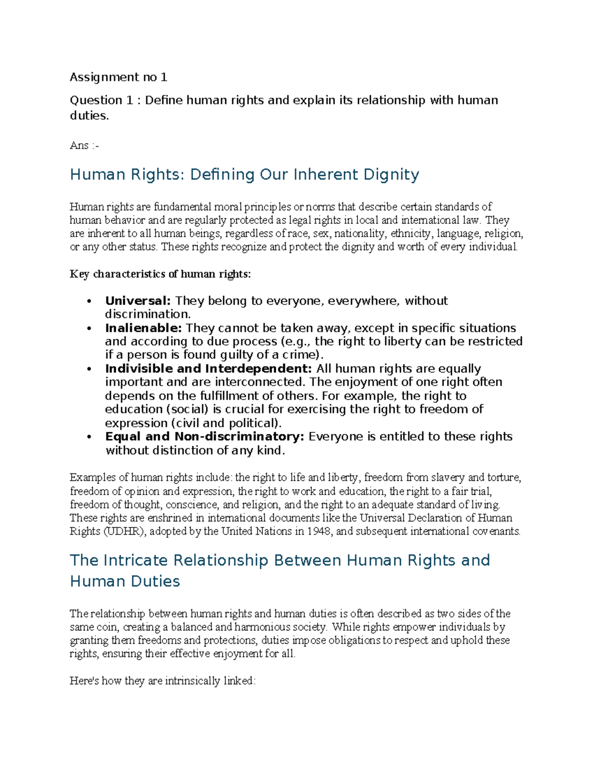 Assignment No 1 BHR: Exploring Human Rights and Duties - Studocu