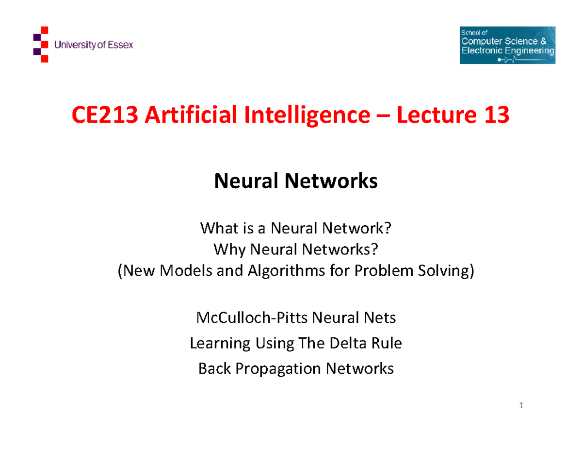 Lecture 13 Neural Networks - CE213 Artificial Intelligence – Lecture 13 ...