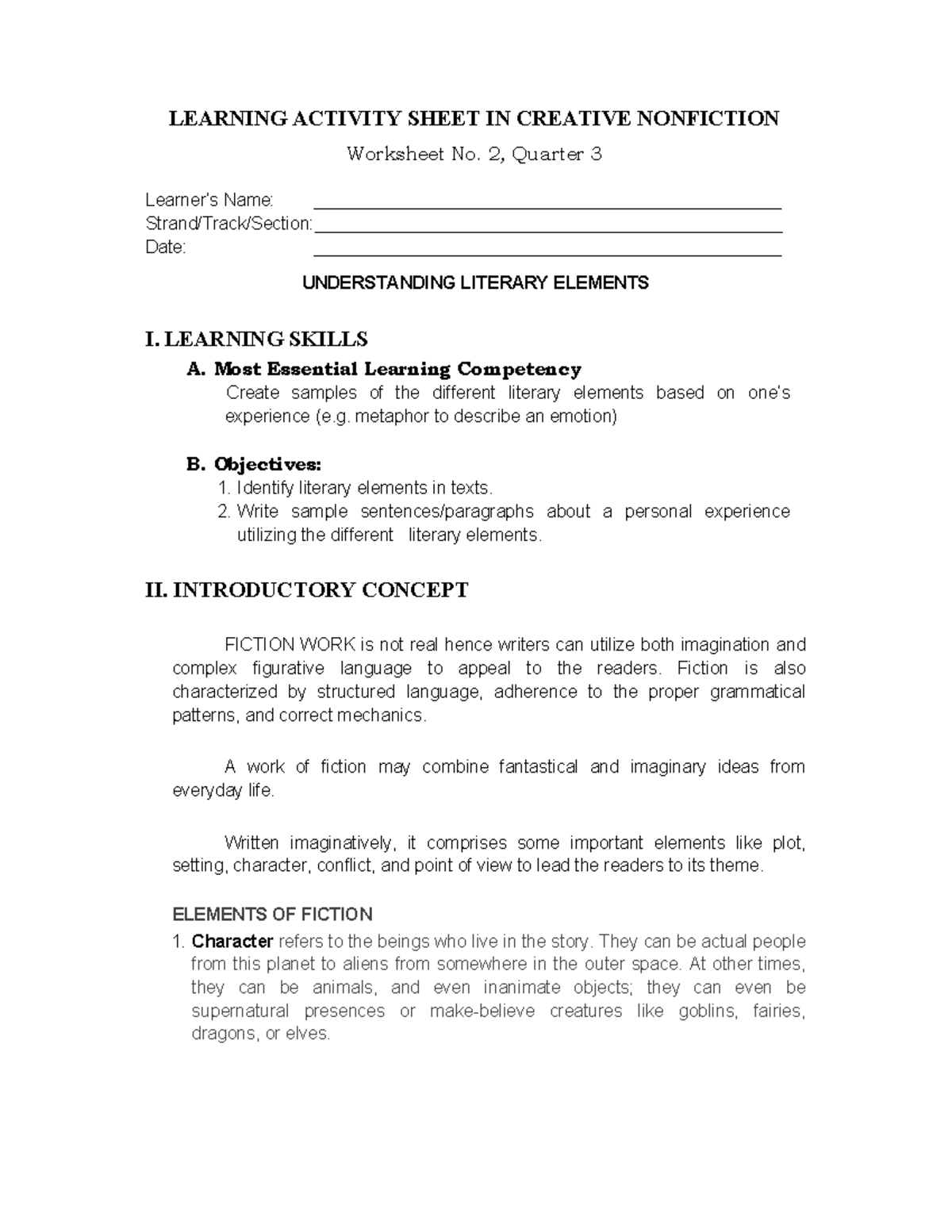 CNF-LAS-2 - Learning Activities on Literary Elements and Fiction - Studocu