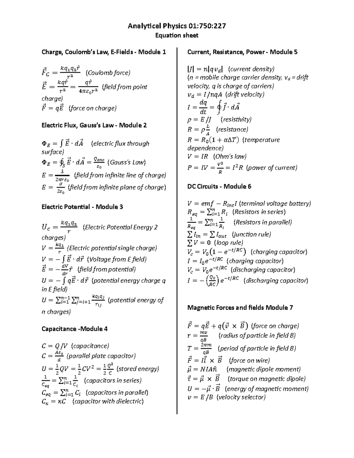 Analytical Physics 01:750:227 Equation Sheet for All Modules - Studocu