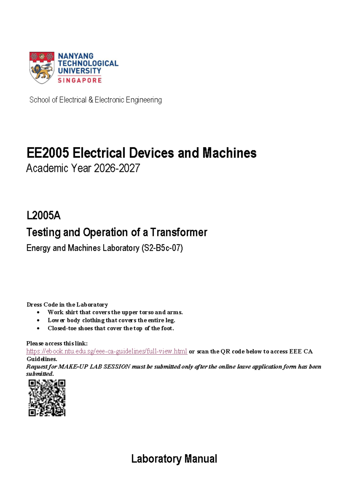 L2005A Lab Manual: Testing & Operation of Transformers in EE2005 - Studocu
