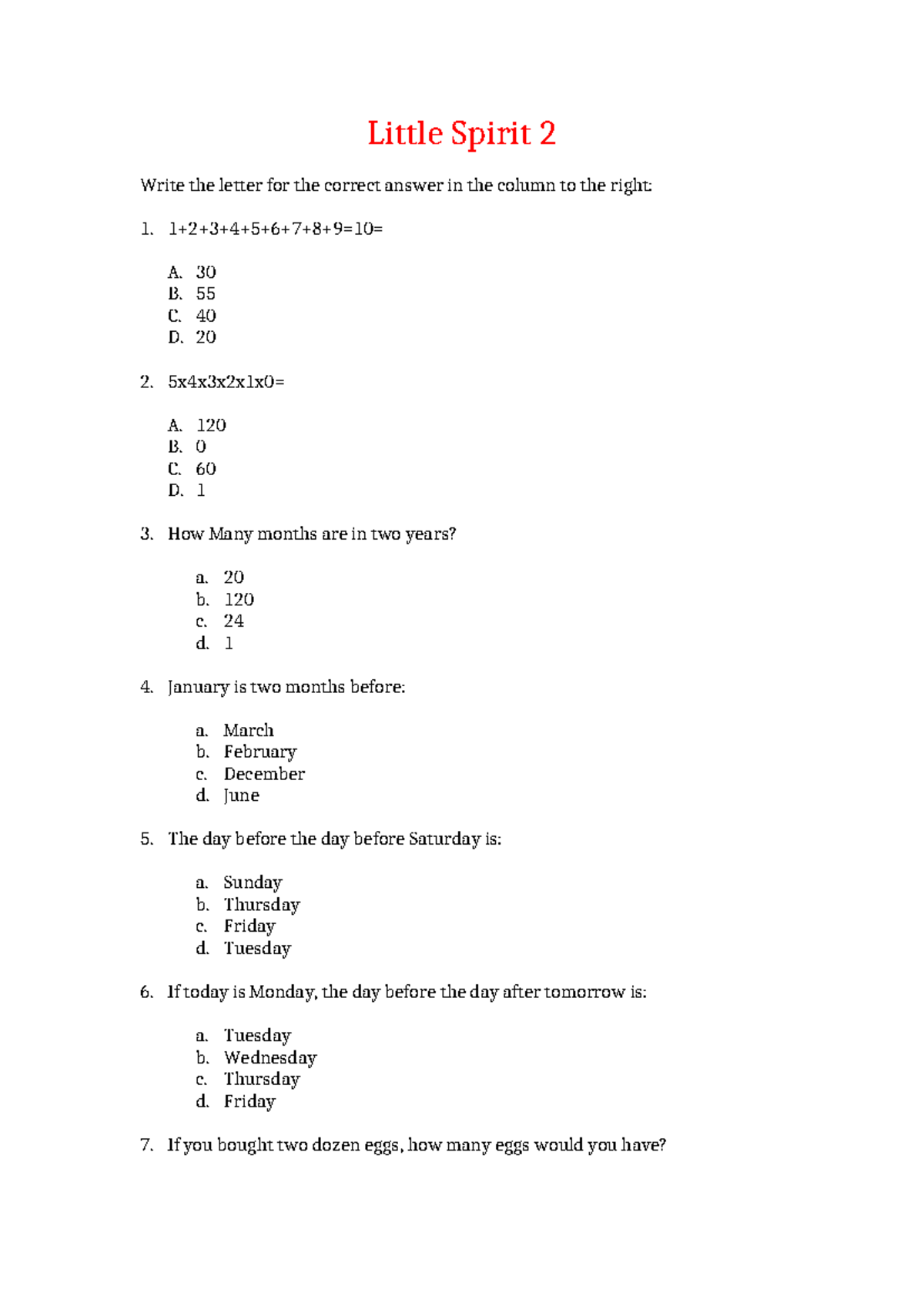 Spirit of Math Practice Exercise: Little Spirit 2 Quiz Questions - Studocu