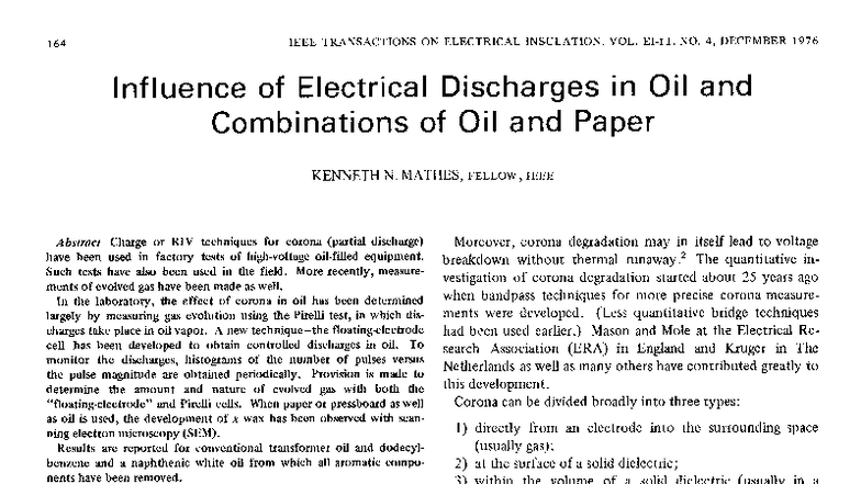 Influence of Electrical Discharges in Oil and Paper Insulation (EE 164 ...