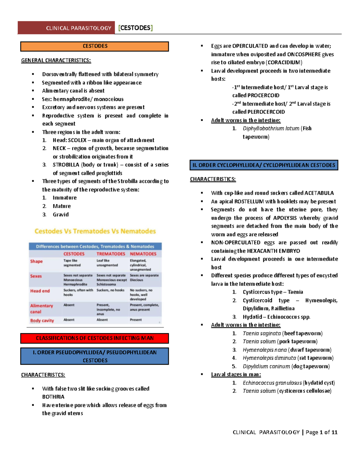 Parasitology - Cestodes Overview and Key Characteristics - Studocu