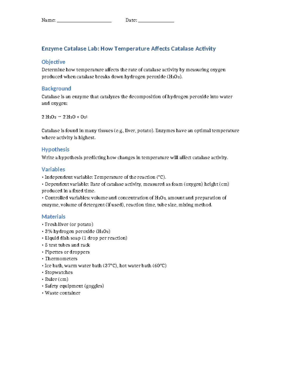 Catalase Activity Lab: Effects of Temperature on Enzyme Function - Studocu