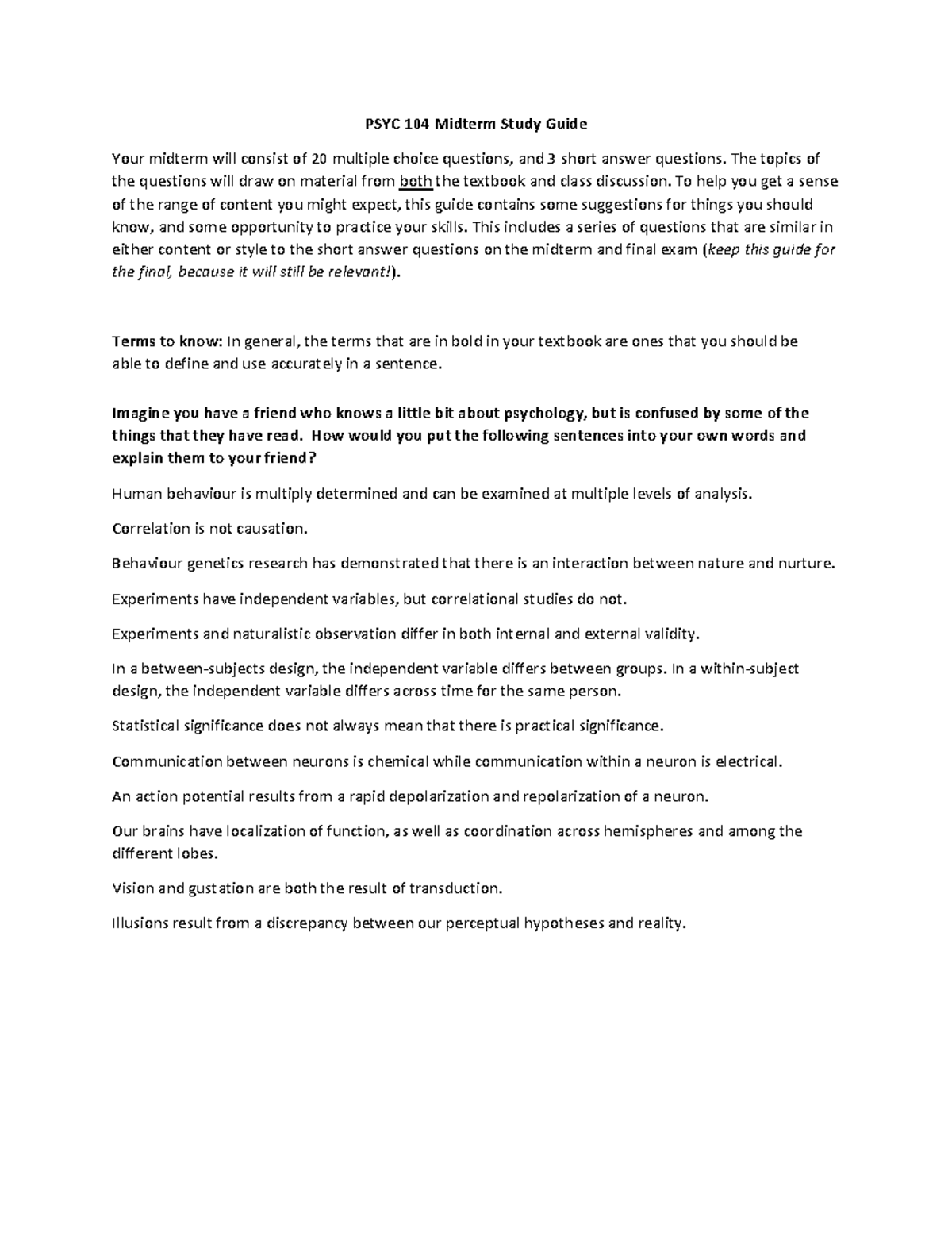 PSYC 104 Midterm Study Guide: Key Terms & Practice Questions - Studocu