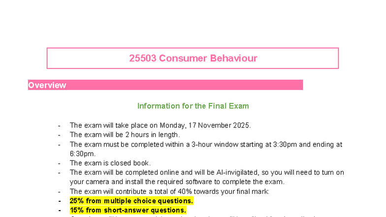 25503 Consumer Behaviour Final Exam Prep Notes for 2025 - Studocu
