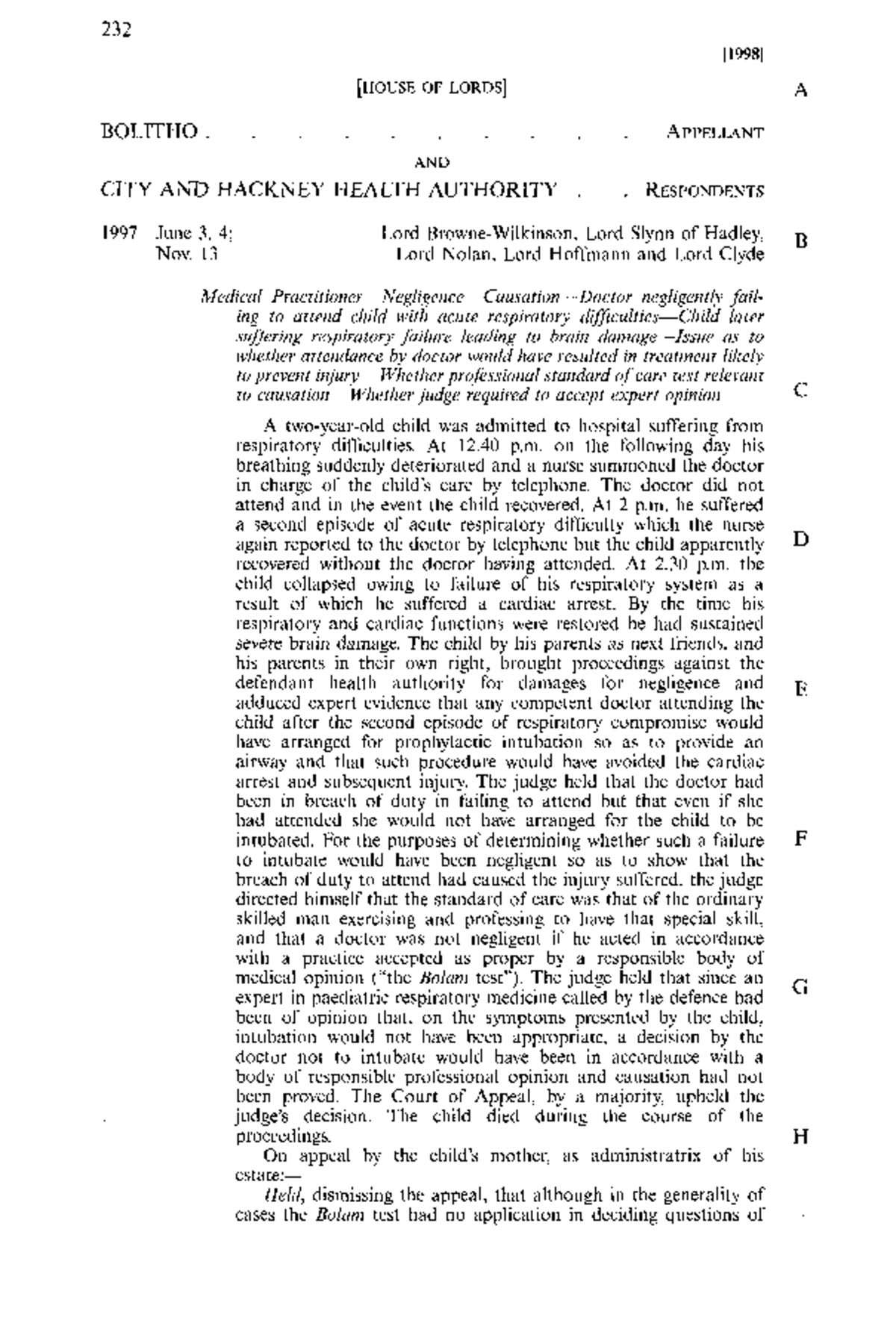 Bolitho v. City and Hackney H.A. (1997) - Medical Negligence Case ...