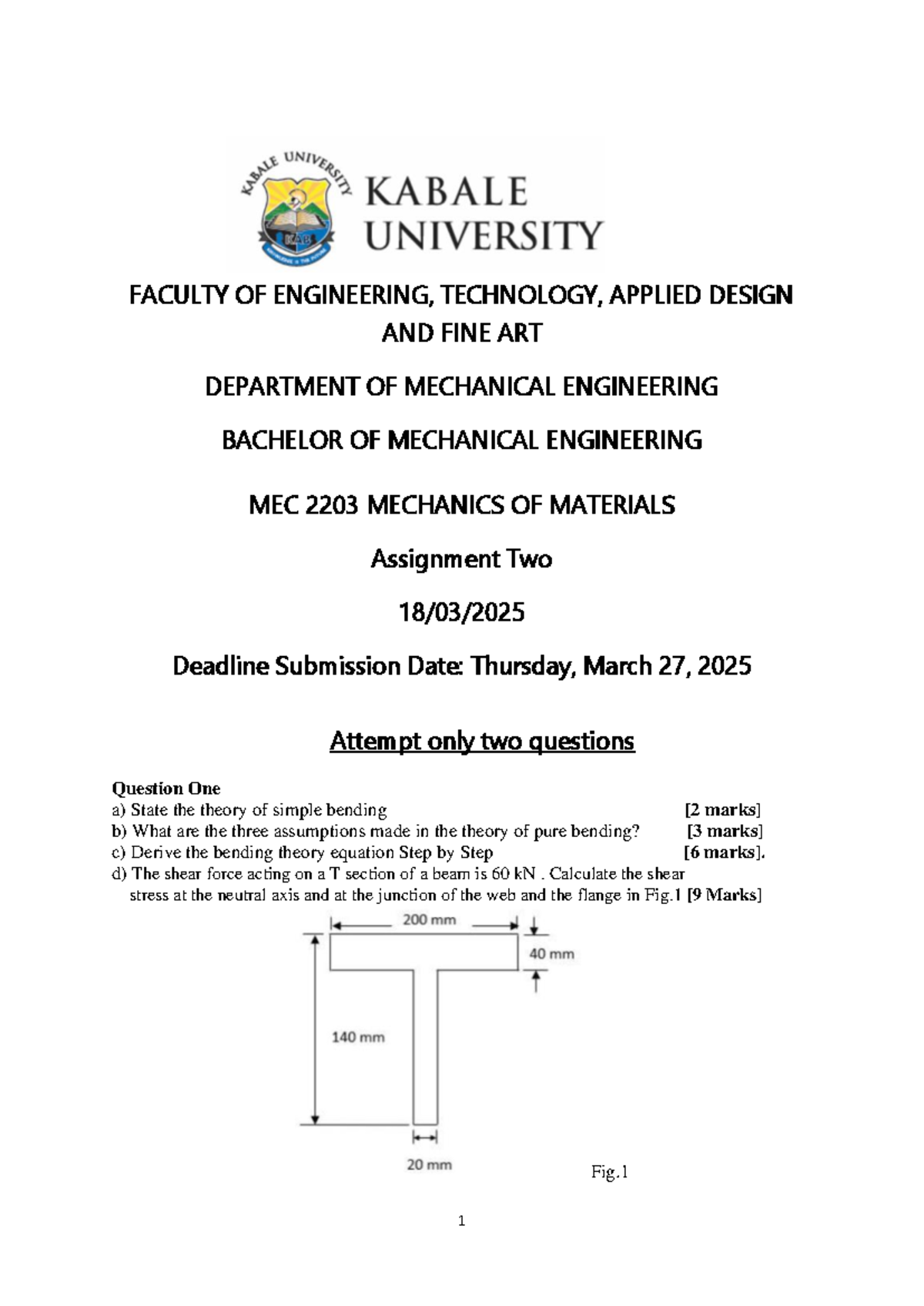 MEC 2203 Assignment 2: Mechanics of Materials - Bending Theory & Shear ...