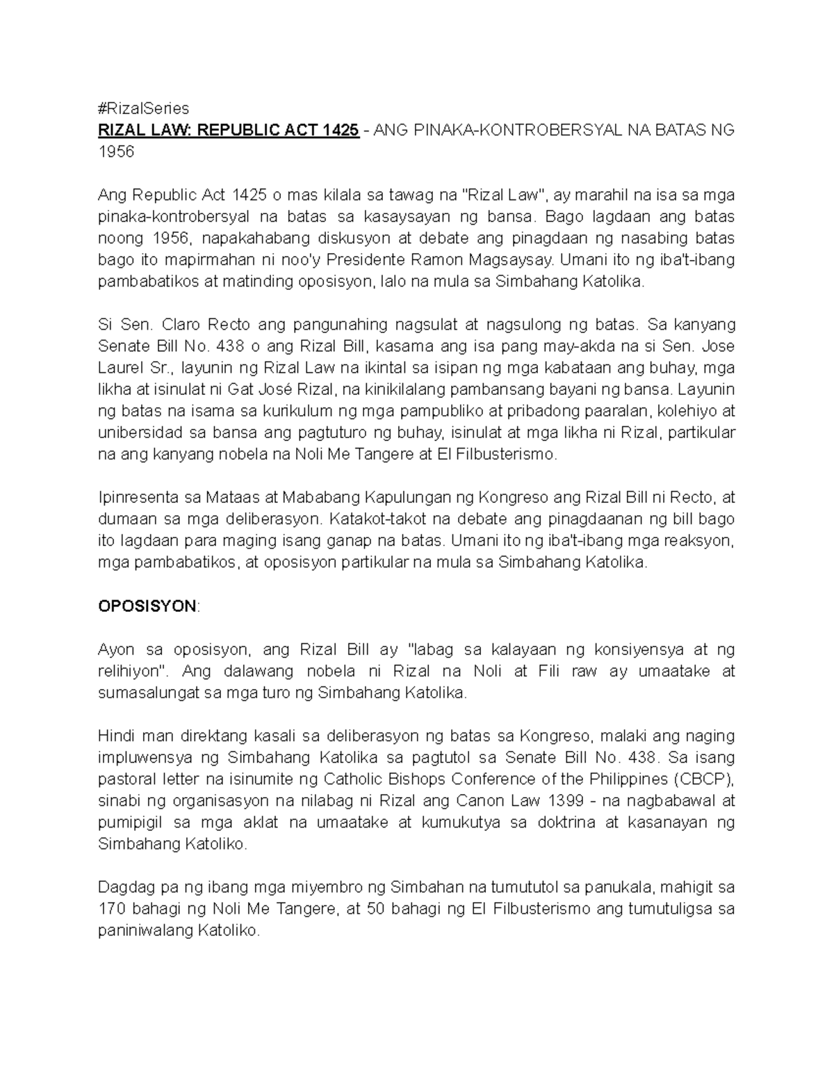 Rizal Law (Republic Act 1425): Kasaysayan at Debate sa Batas - Studocu