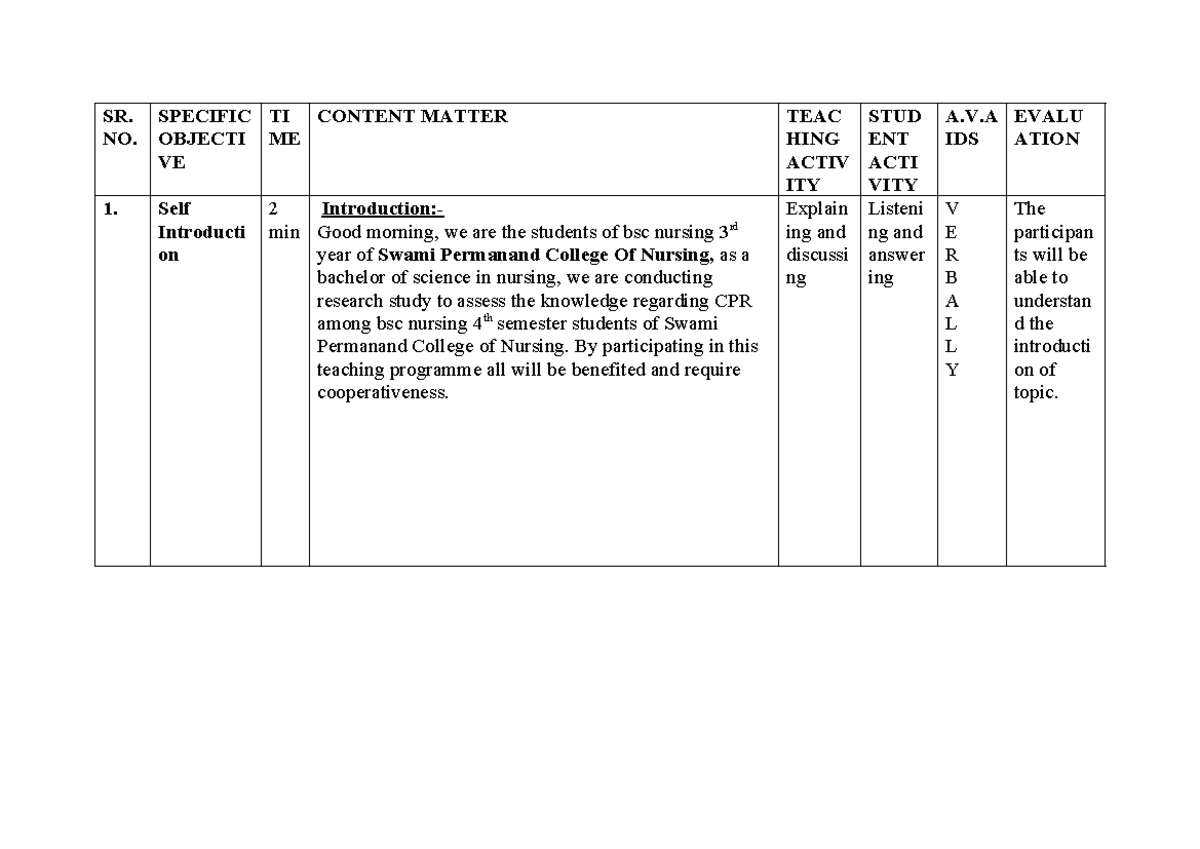 Lesson Plan for CPR - BSC Nursing 3rd Year Lecture Notes - Studocu