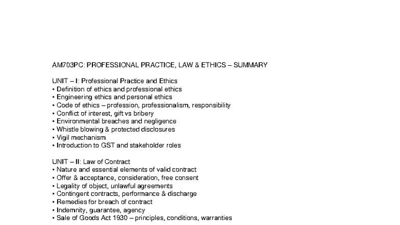 AM703PC: Professional Practice & Law Ethics Summary Overview - Studocu