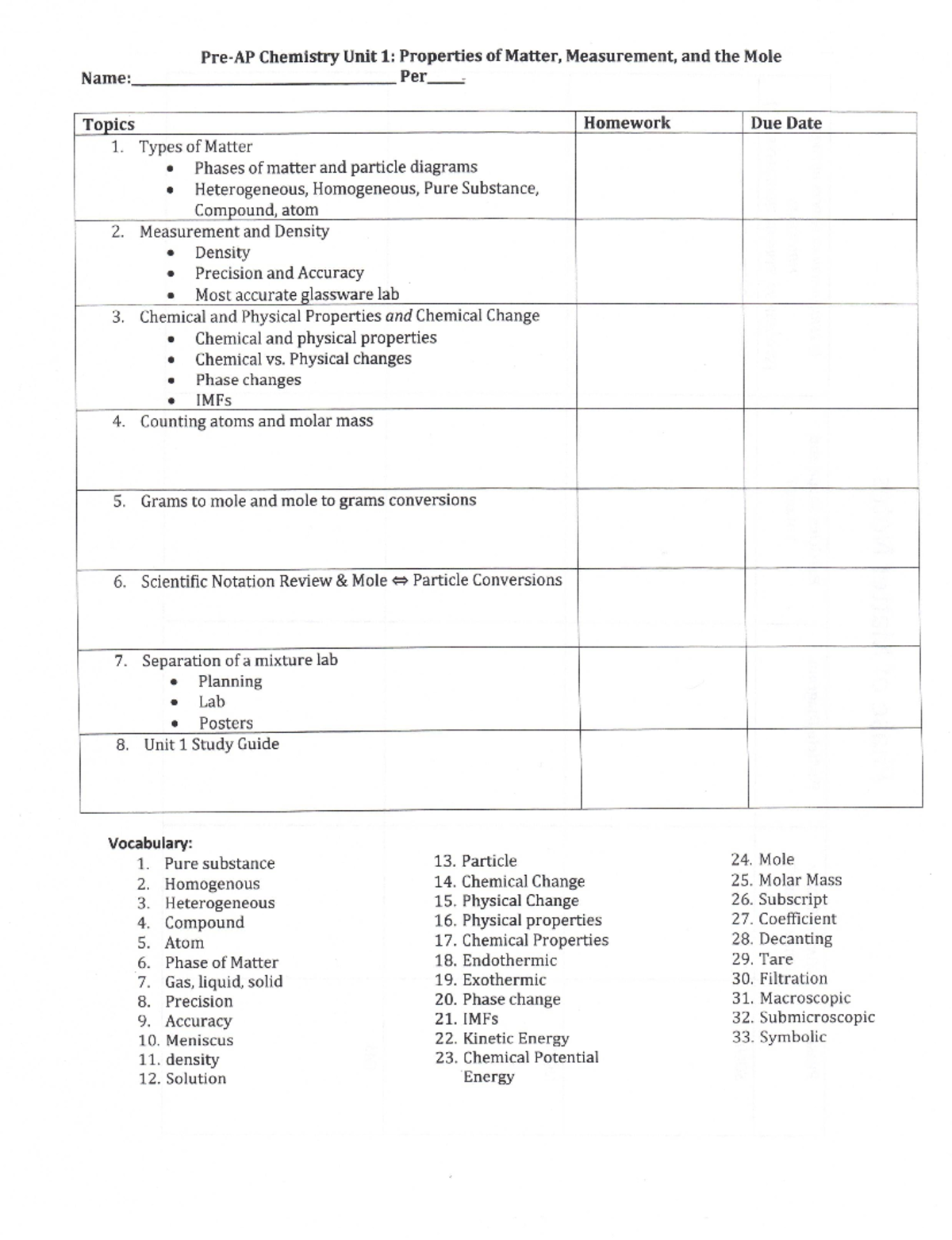 Pre AP Chem Unit 1 Study Guide: Properties of Matter & Measurement ...