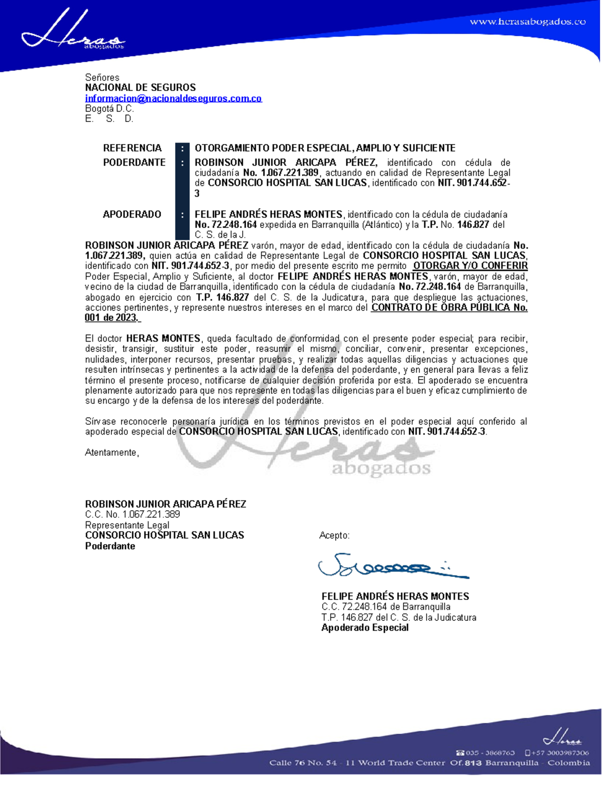 Poder Consorcio Hospital SAN Lucas - Aseguradora - Señores NACIONAL DE ...