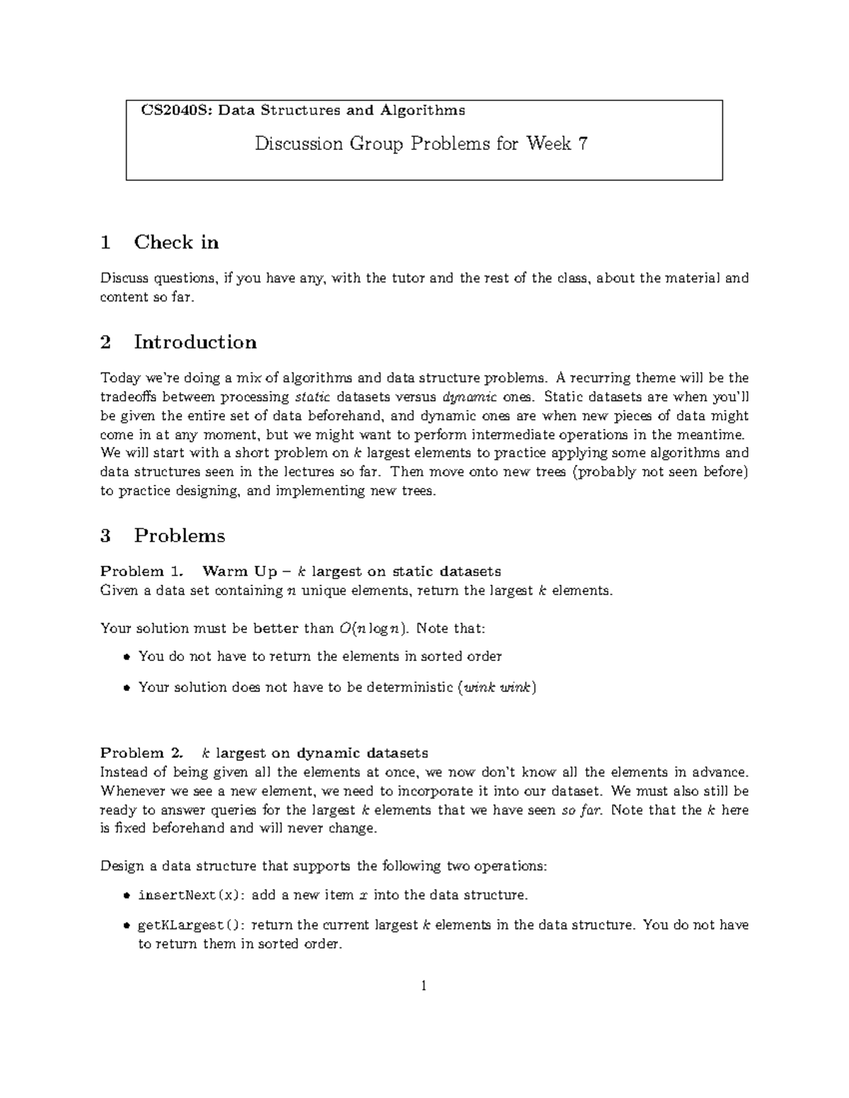 CS2040S: Week 7 Data Structures & Algorithms Discussion Problems - Studocu