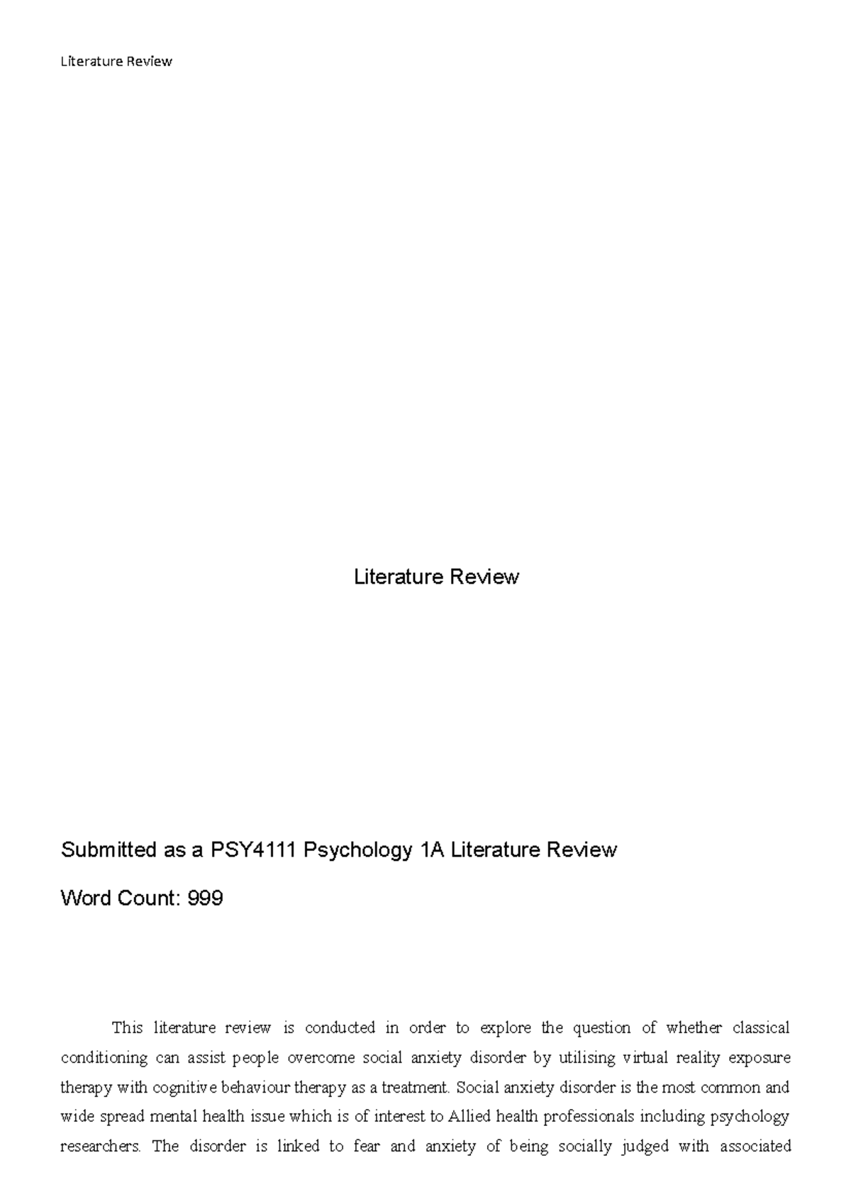 Literature review - Social anxiety disorder is the most common and wide ...