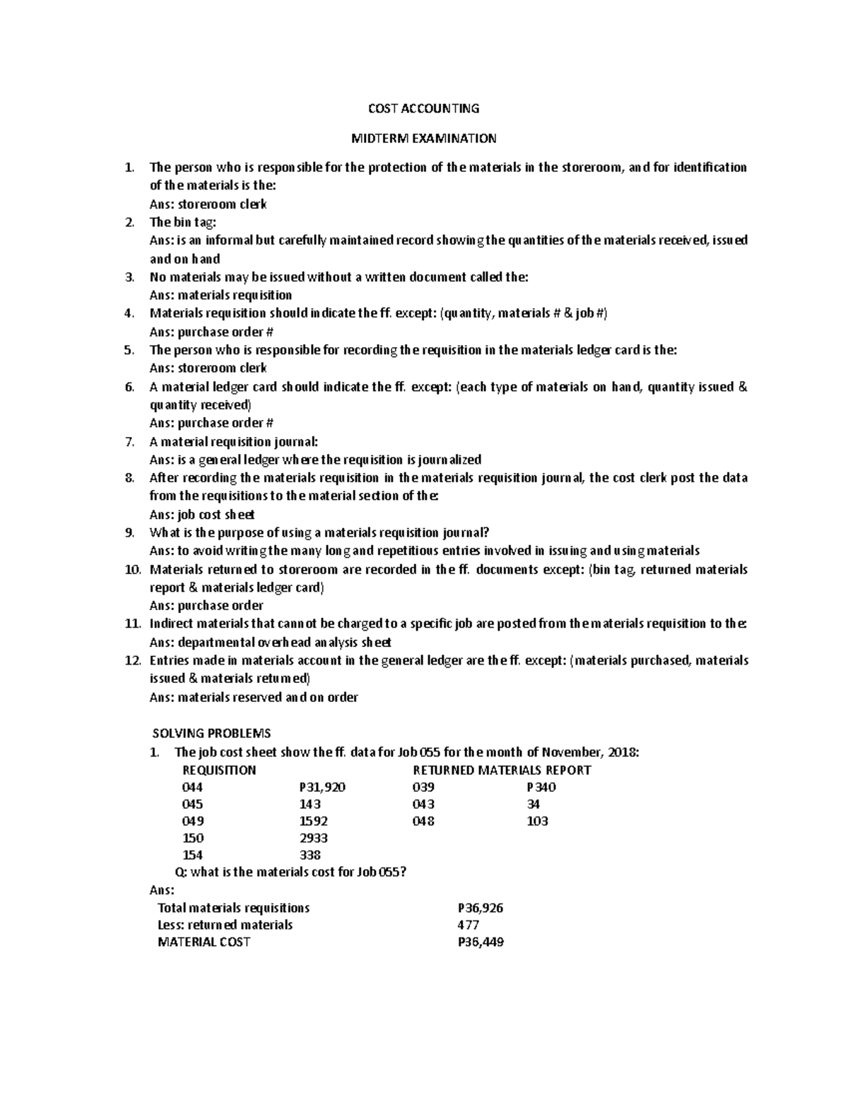 COST Accounting Midterm Exam Review and Problem Solutions - Studocu