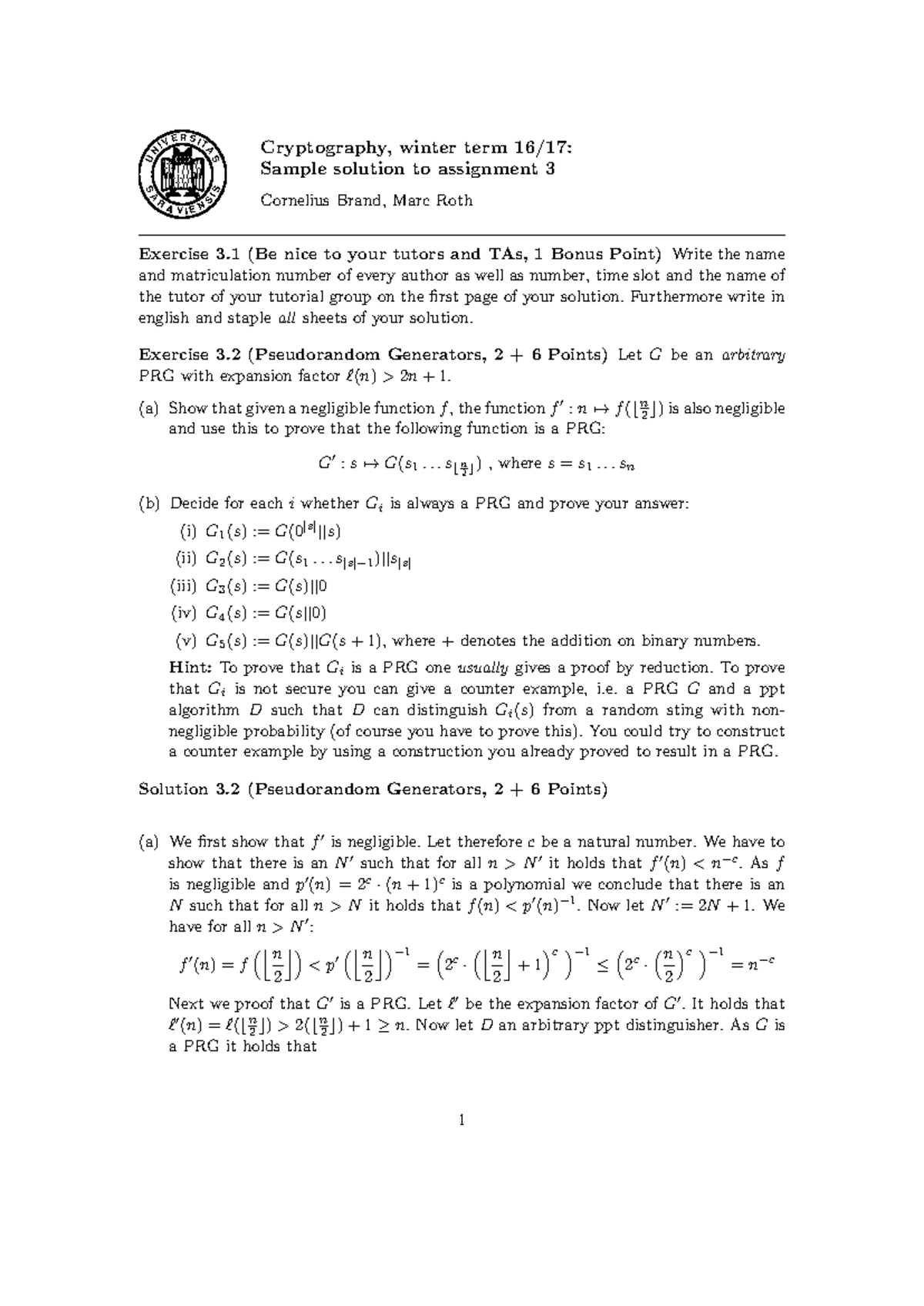 Assignment 03SOL - UN IVERSITAS SA RAVIENSI S Cryptography, winter term ...