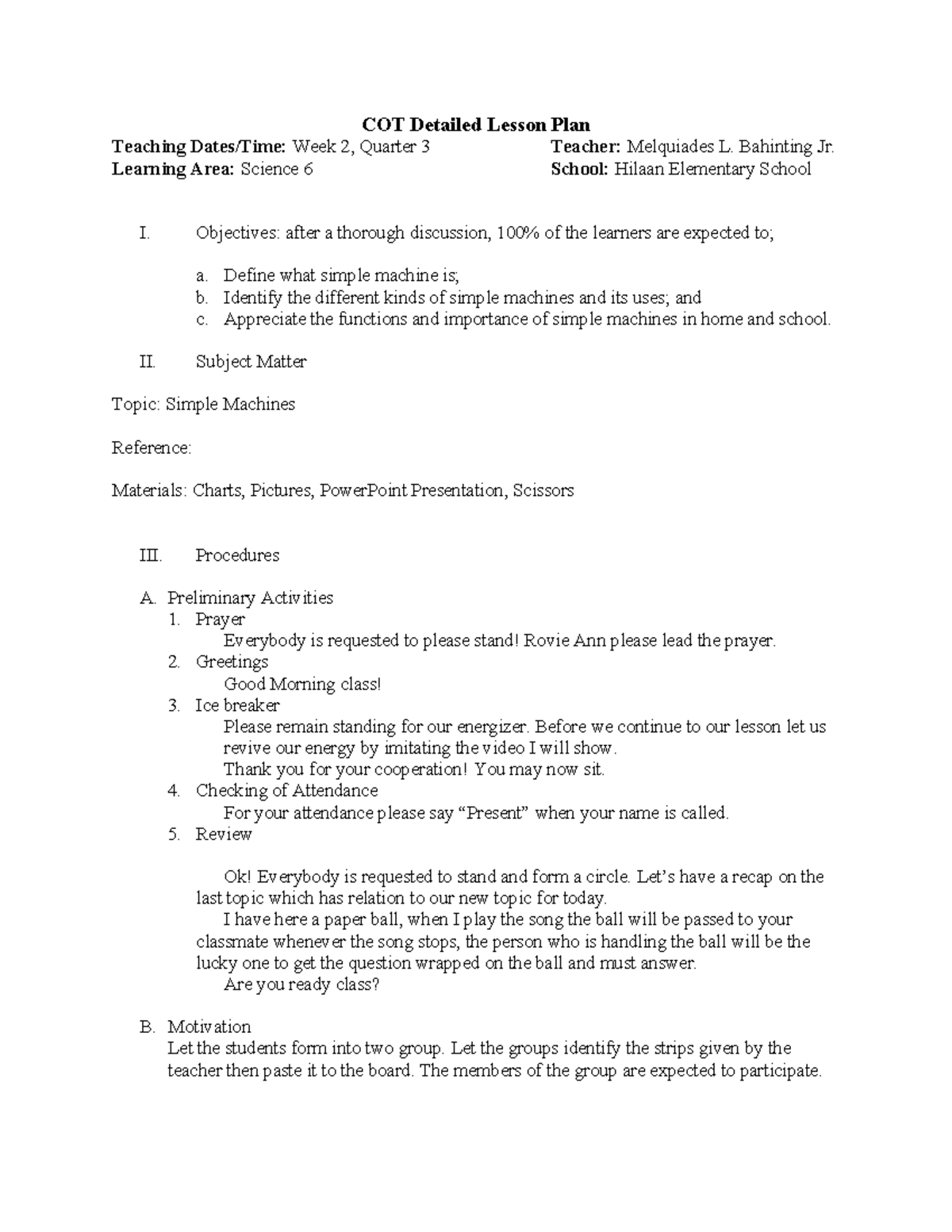 LP Science 6 Q3 - Detailed Lesson Plan on Simple Machines - Studocu